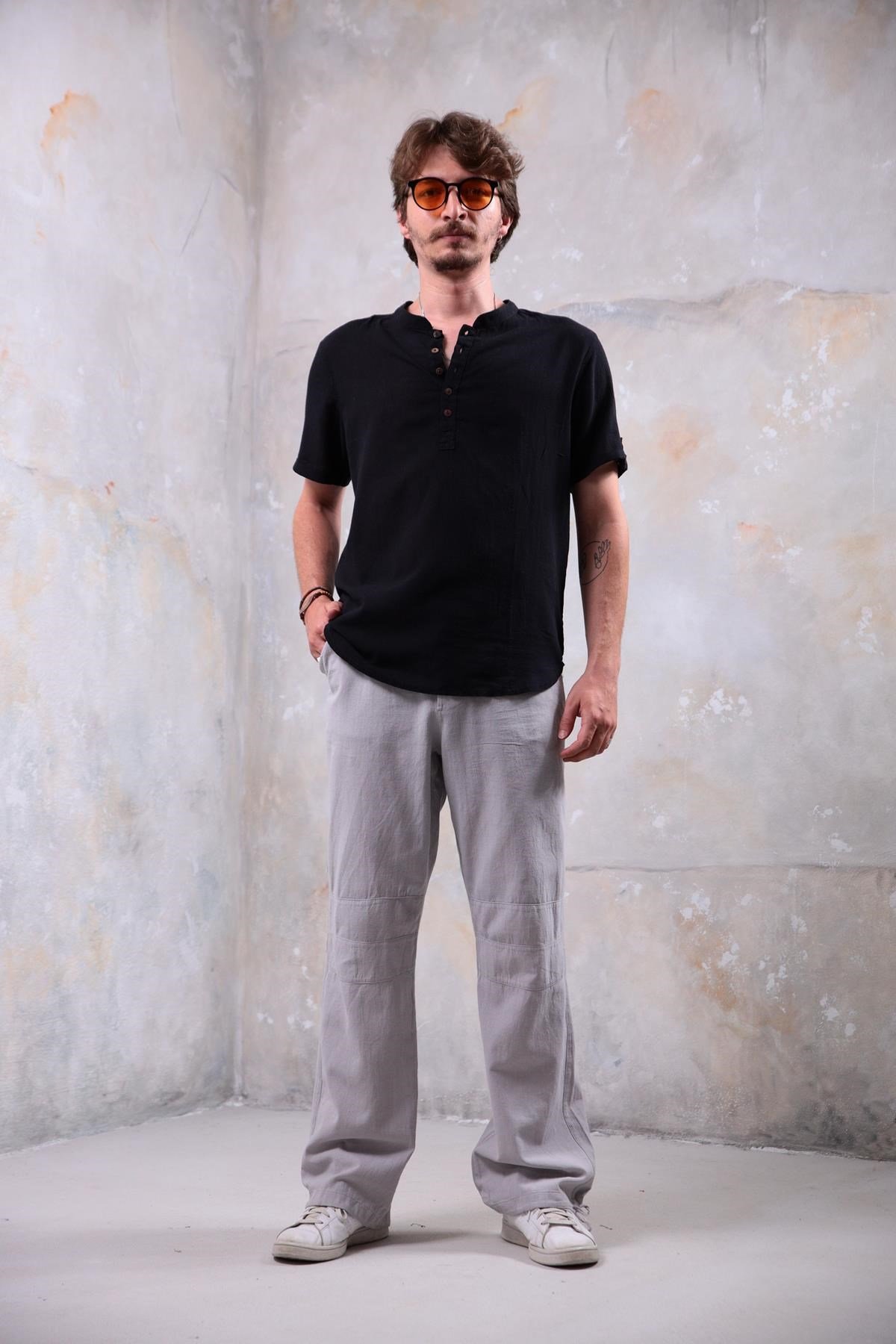 Black Buttoned Short Sleeve Mandarin Collar Men's Shirt - Saman Butik | Shop Online Black Buttoned Short Sleeve Mandarin Collar Men's Shirt
