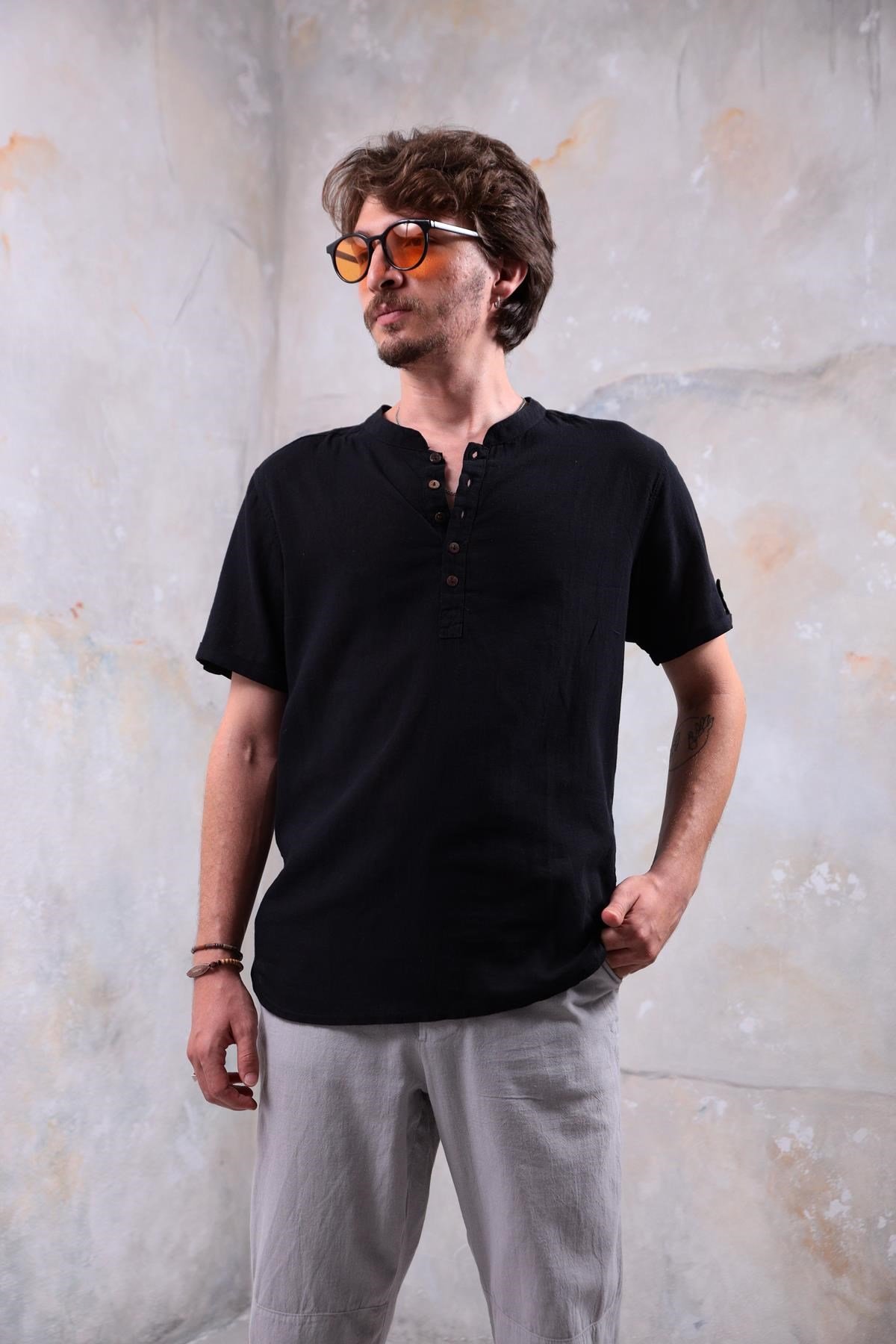 Black Buttoned Short Sleeve Mandarin Collar Men's Shirt - Saman Butik | Shop Online Black Buttoned Short Sleeve Mandarin Collar Men's Shirt
