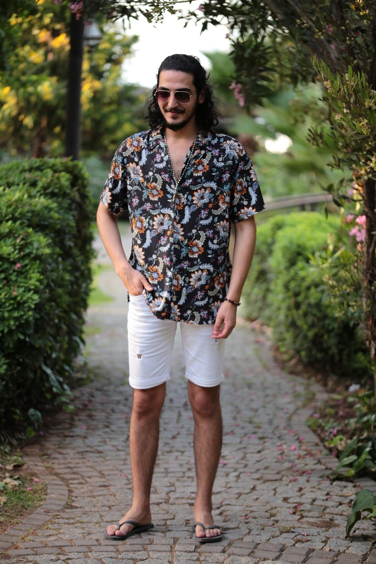 Siyah Şal Desen Klasik Yaka Gömlek - Şaman Butik Siyah Şal Desen Klasik Yaka Gömlek
