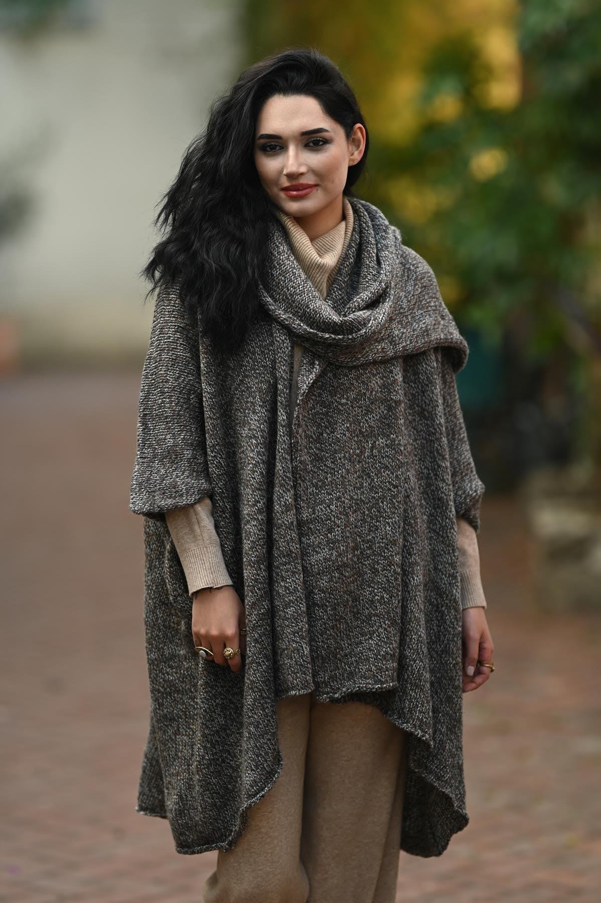 Gray Melted Hooded Shawl Collar Knitwear Cardigan