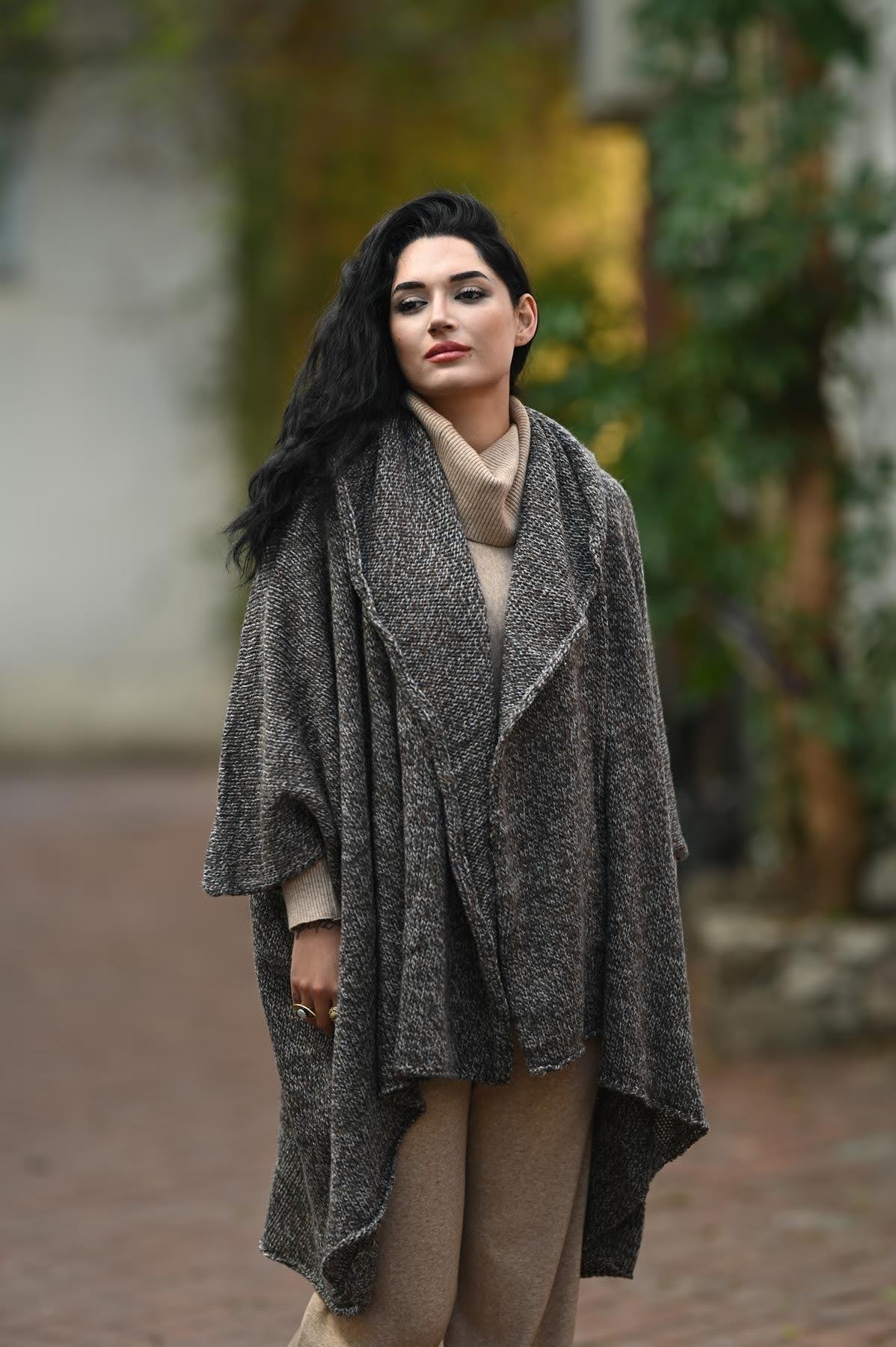 Gray Melted Hooded Shawl Collar Knitwear Cardigan