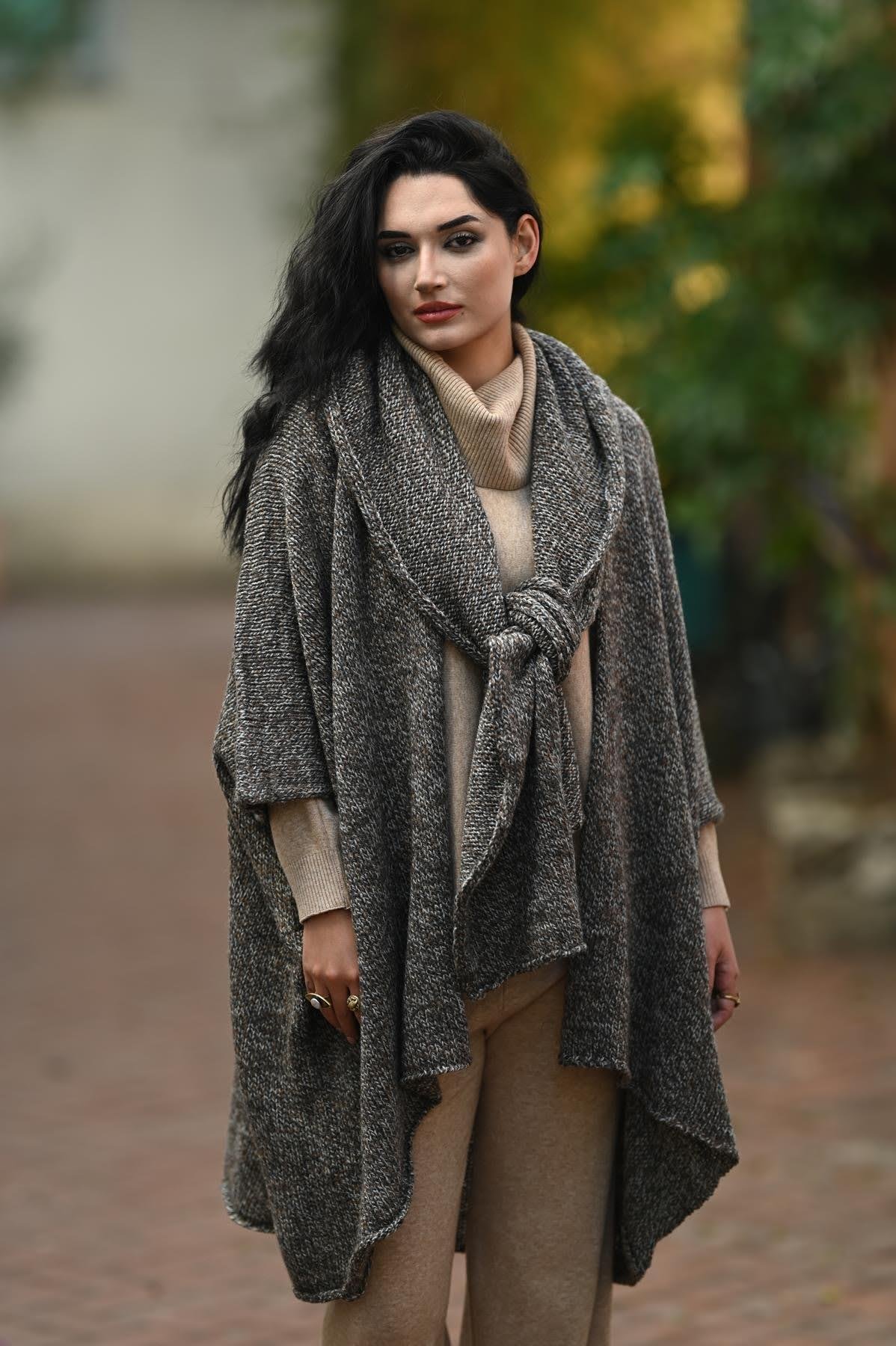 Gray Melted Hooded Shawl Collar Knitwear Cardigan