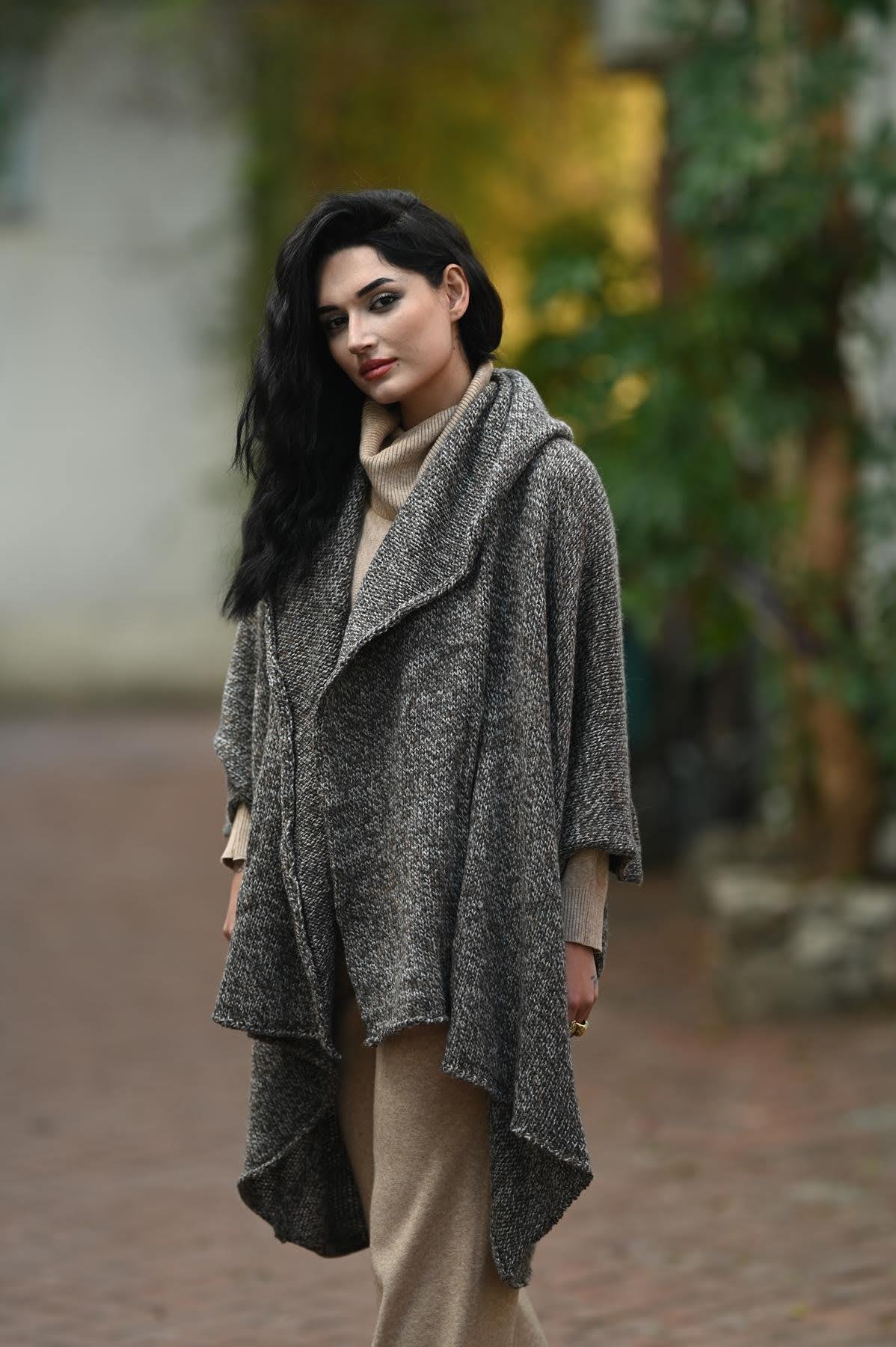 Gray Melted Hooded Shawl Collar Knitwear Cardigan