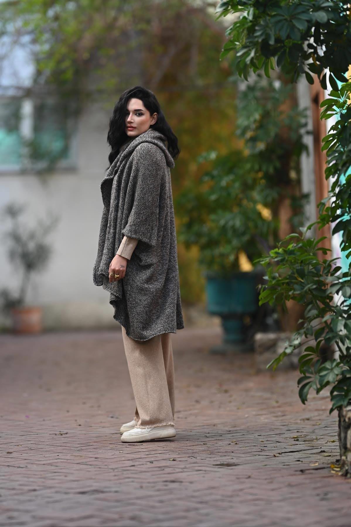 Gray Melted Hooded Shawl Collar Knitwear Cardigan