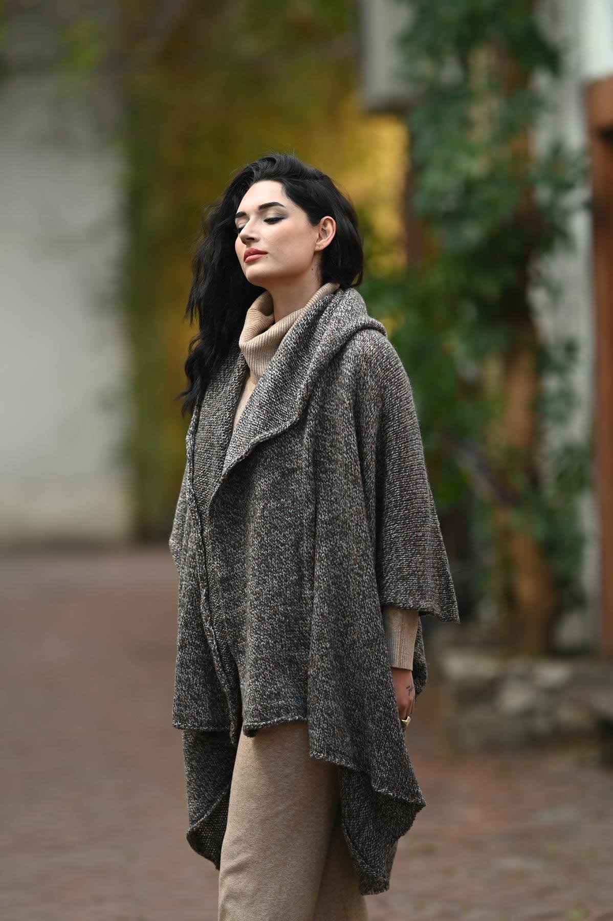 Gray Melted Hooded Shawl Collar Knitwear Cardigan