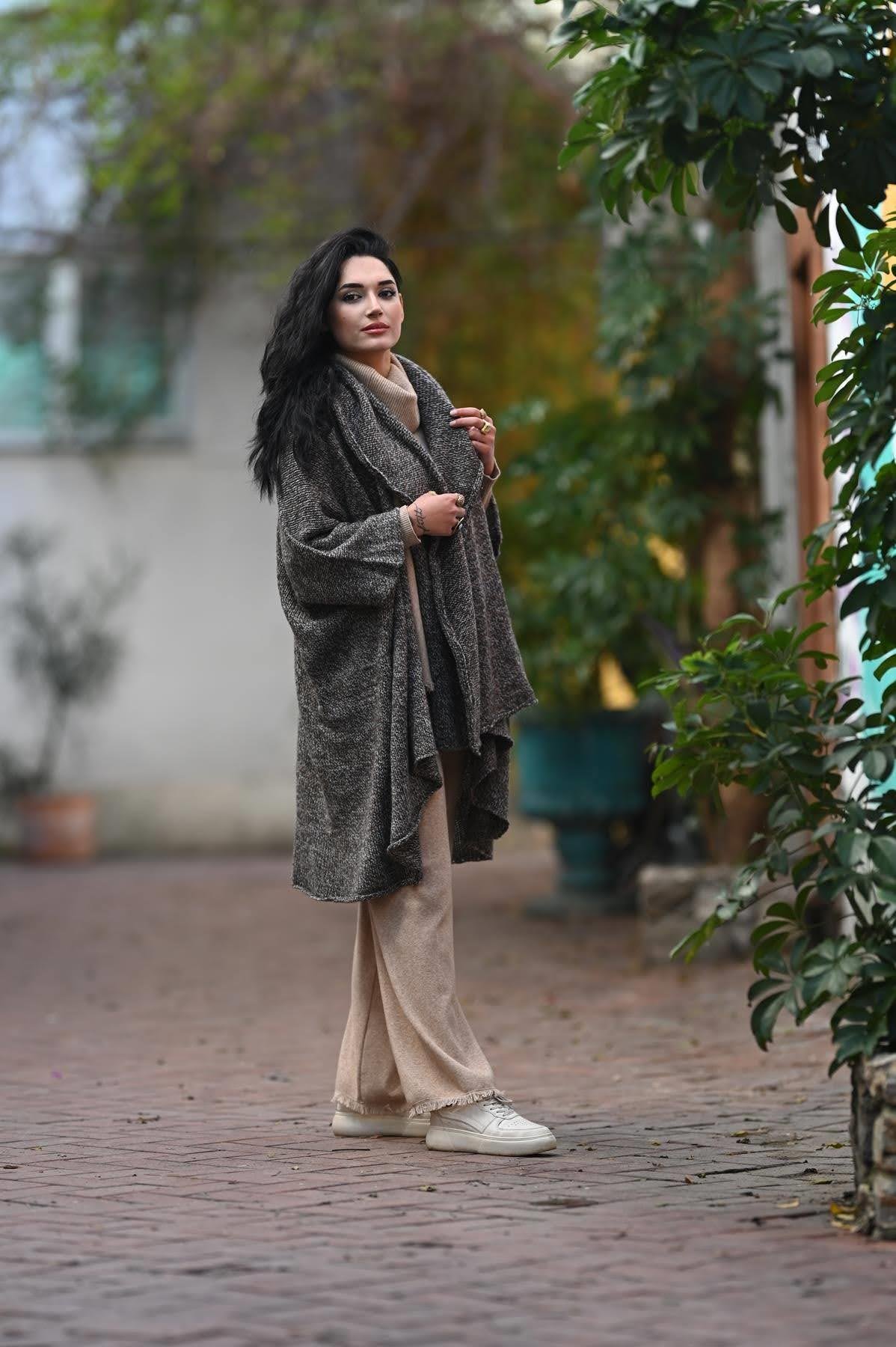 Gray Melted Hooded Shawl Collar Knitwear Cardigan