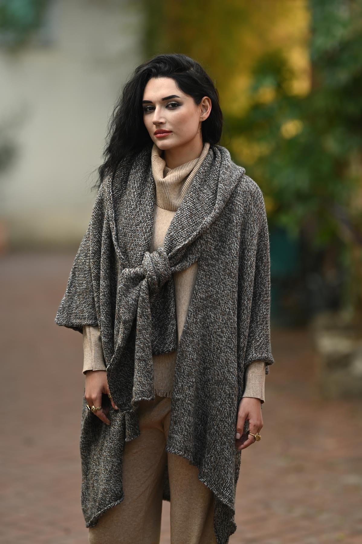Gray Melted Hooded Shawl Collar Knitwear Cardigan