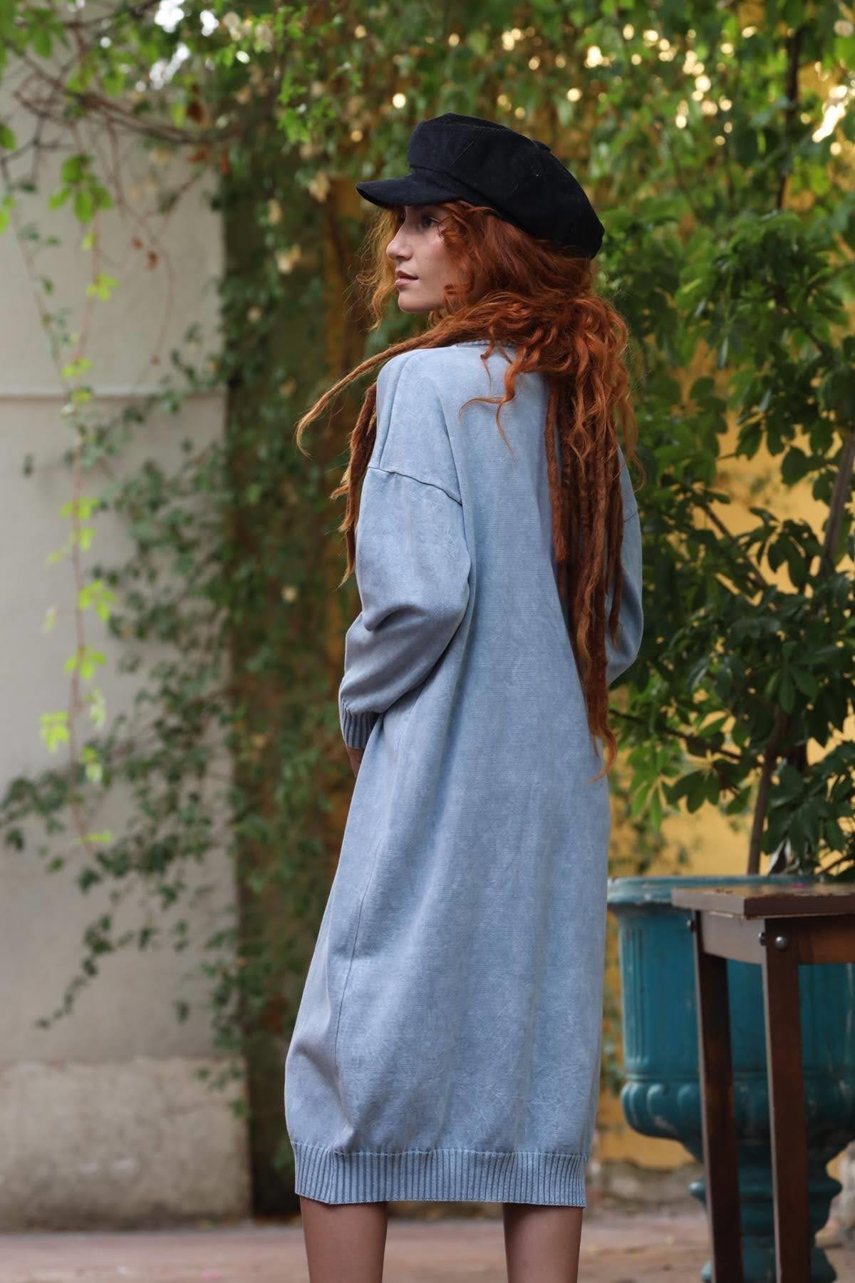 Gri Yarım Balıkçı Yıkamalı Oversize Triko Elbise