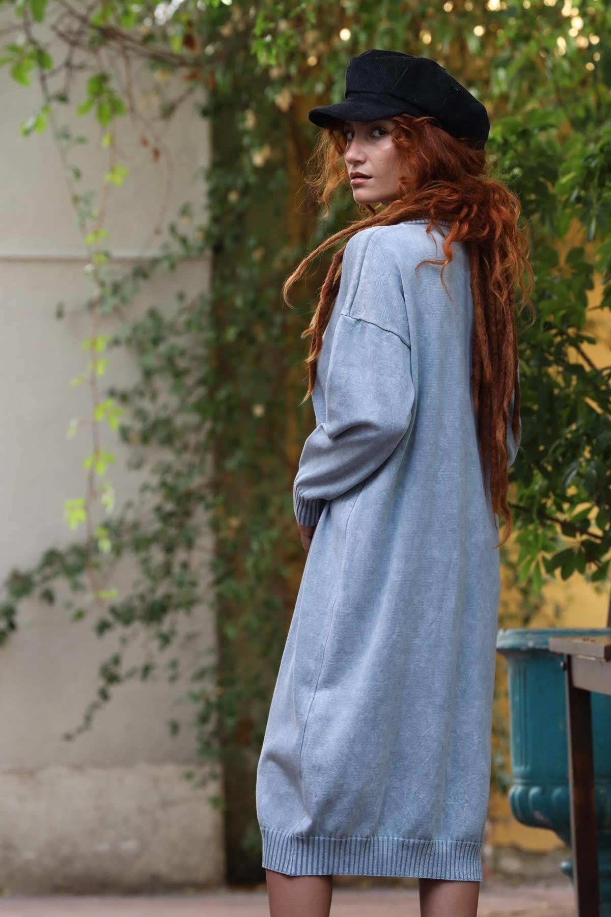 Gri Yarım Balıkçı Yıkamalı Oversize Triko Elbise