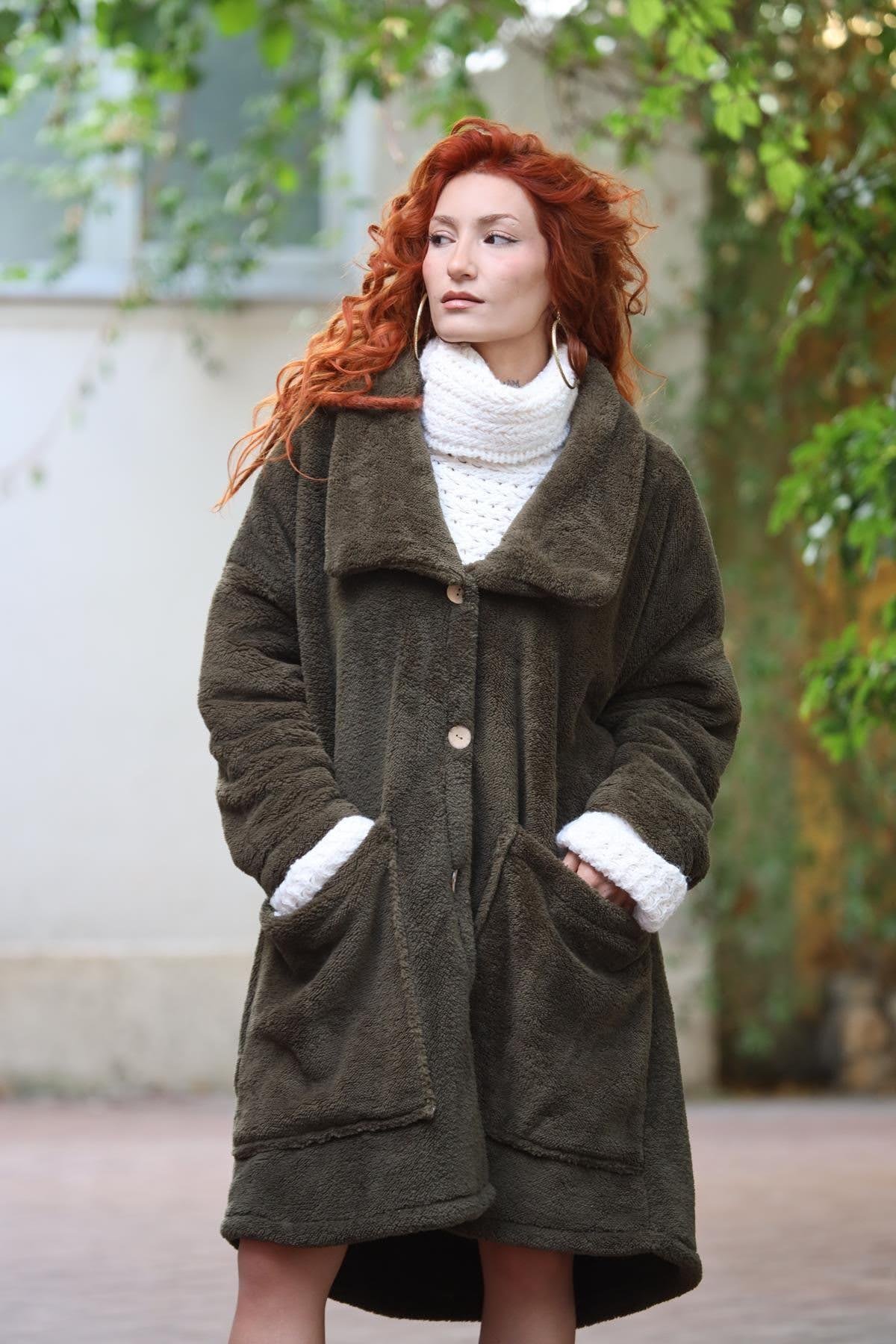 Haki Büyük Cepli Peluş Hırka