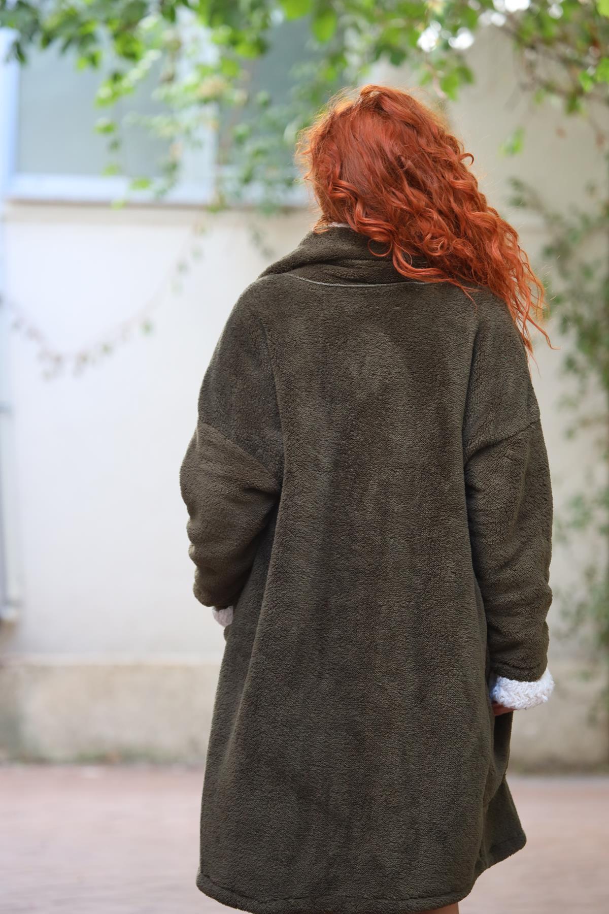 Haki Büyük Cepli Peluş Hırka