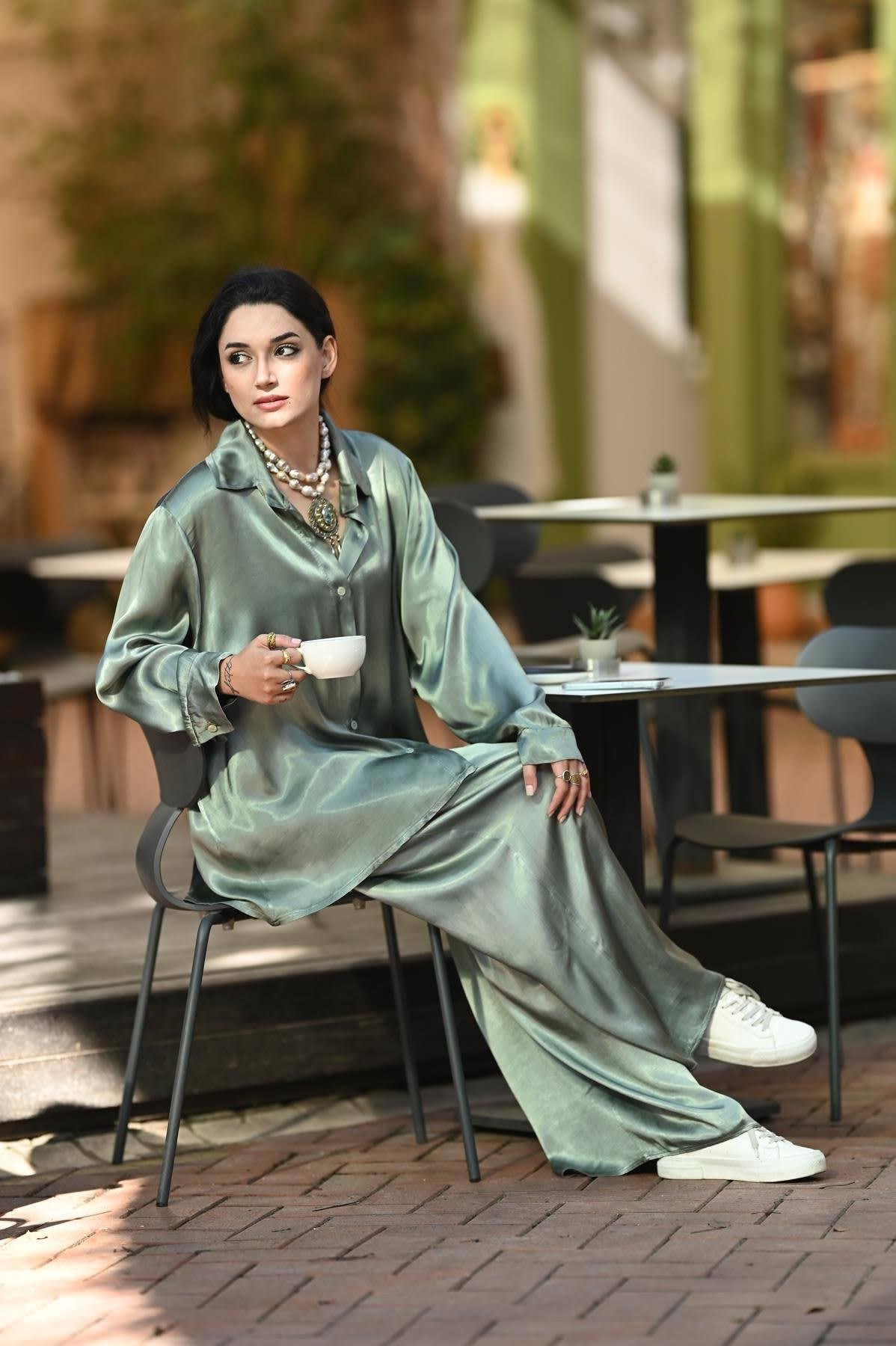 Khaki Shirt and Trousers Satin Set