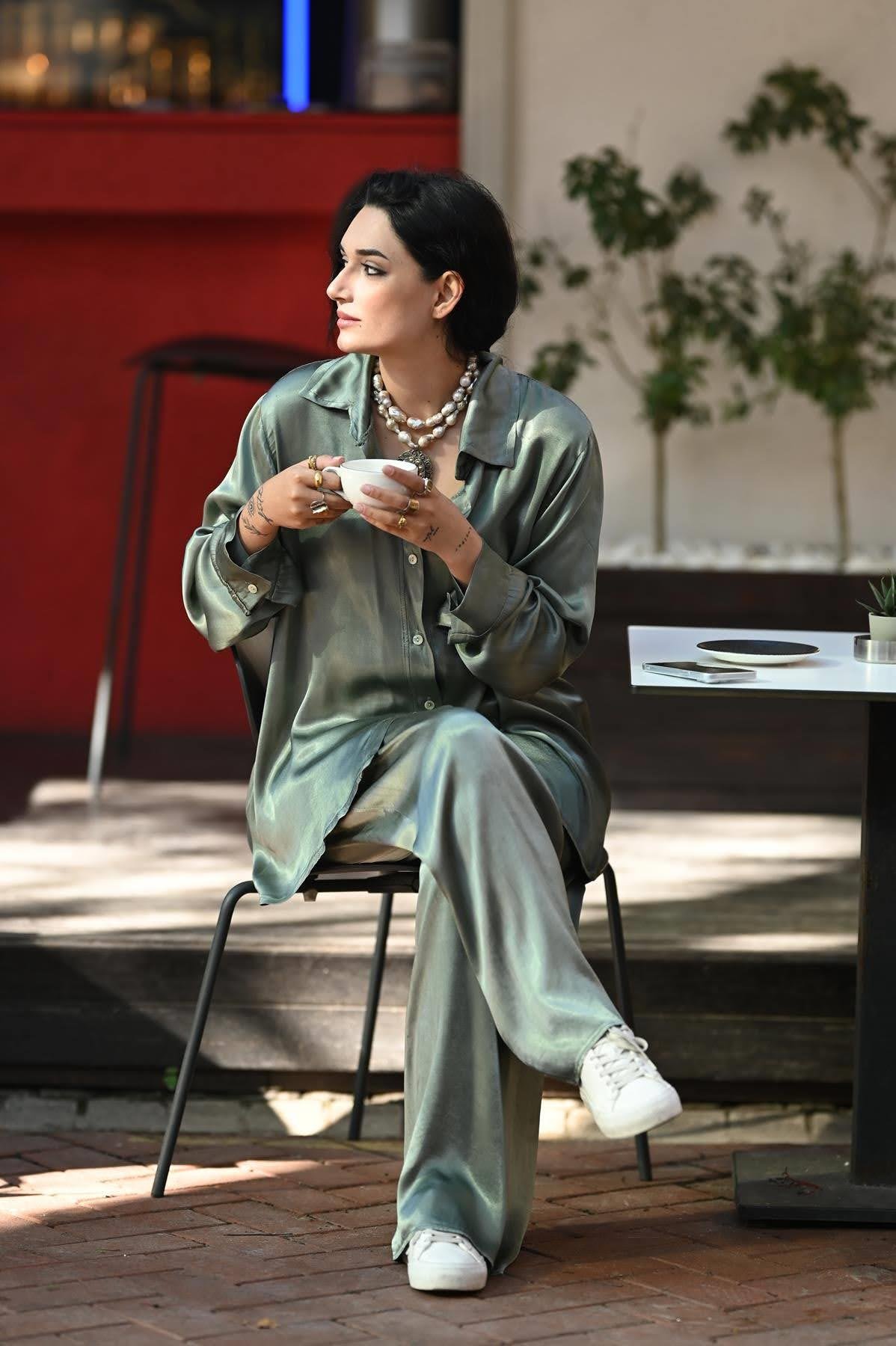 Khaki Shirt and Trousers Satin Set