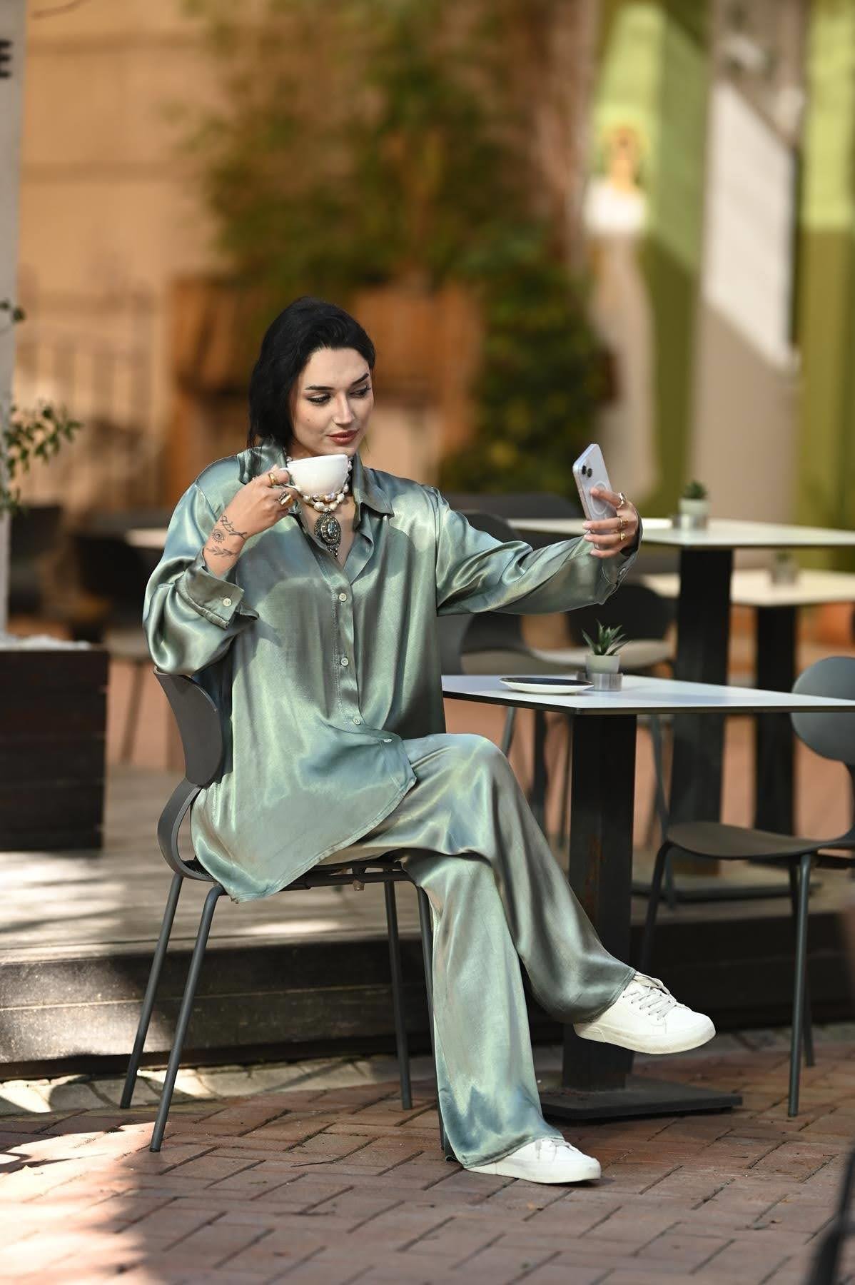 Khaki Shirt and Trousers Satin Set