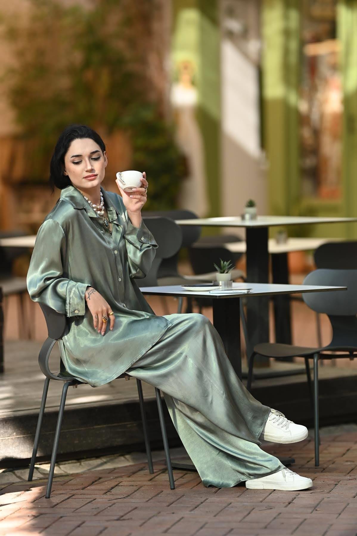 Khaki Shirt and Trousers Satin Set