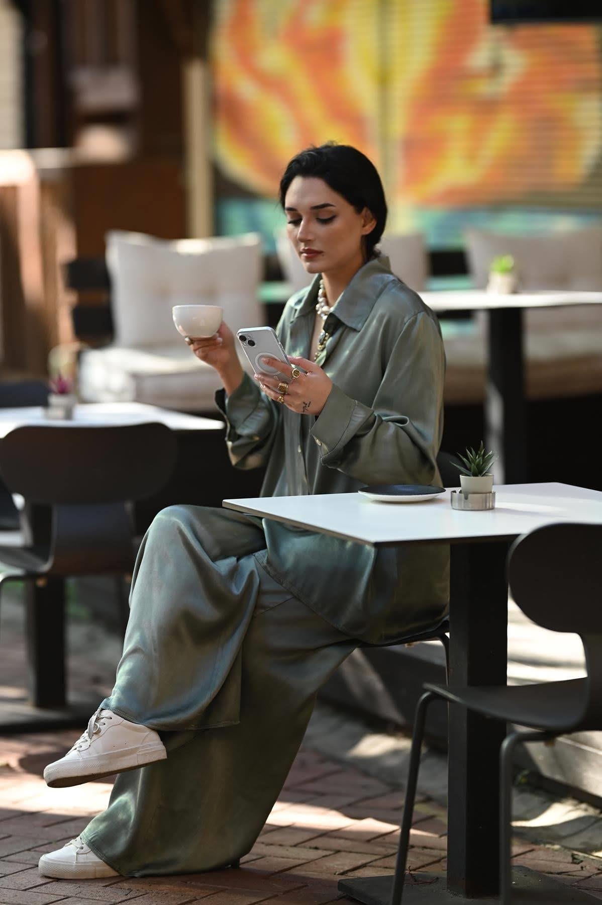 Khaki Shirt and Trousers Satin Set