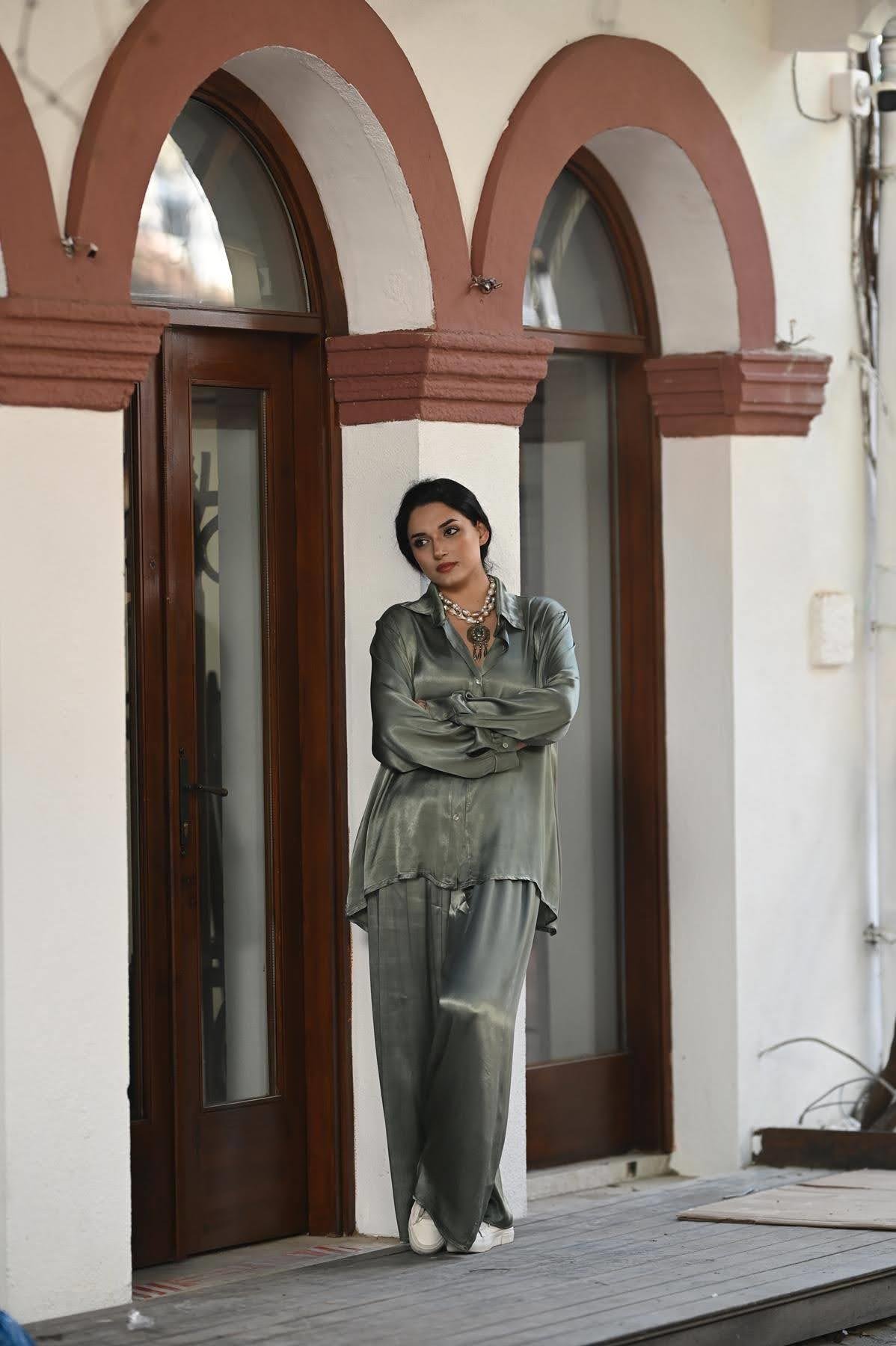 Khaki Shirt and Trousers Satin Set