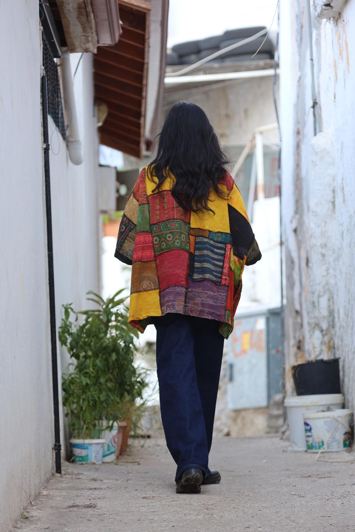 Hardal Rengi Otantik Patchwork Kaftan