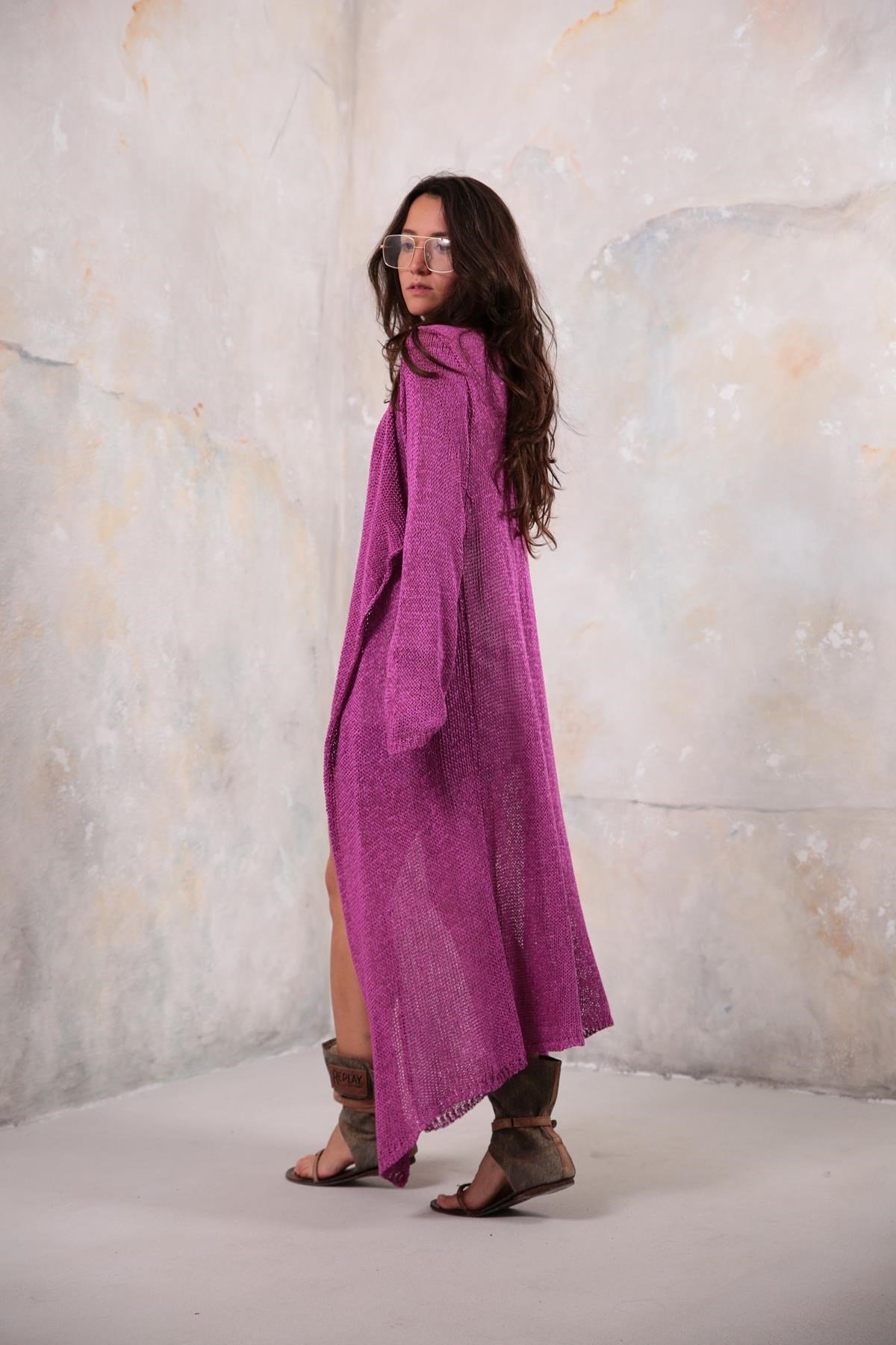 Fuşya Yakalı Uzun Merserize Hırka - Şaman Butik Fuşya Yakalı Uzun Merserize Hırka 