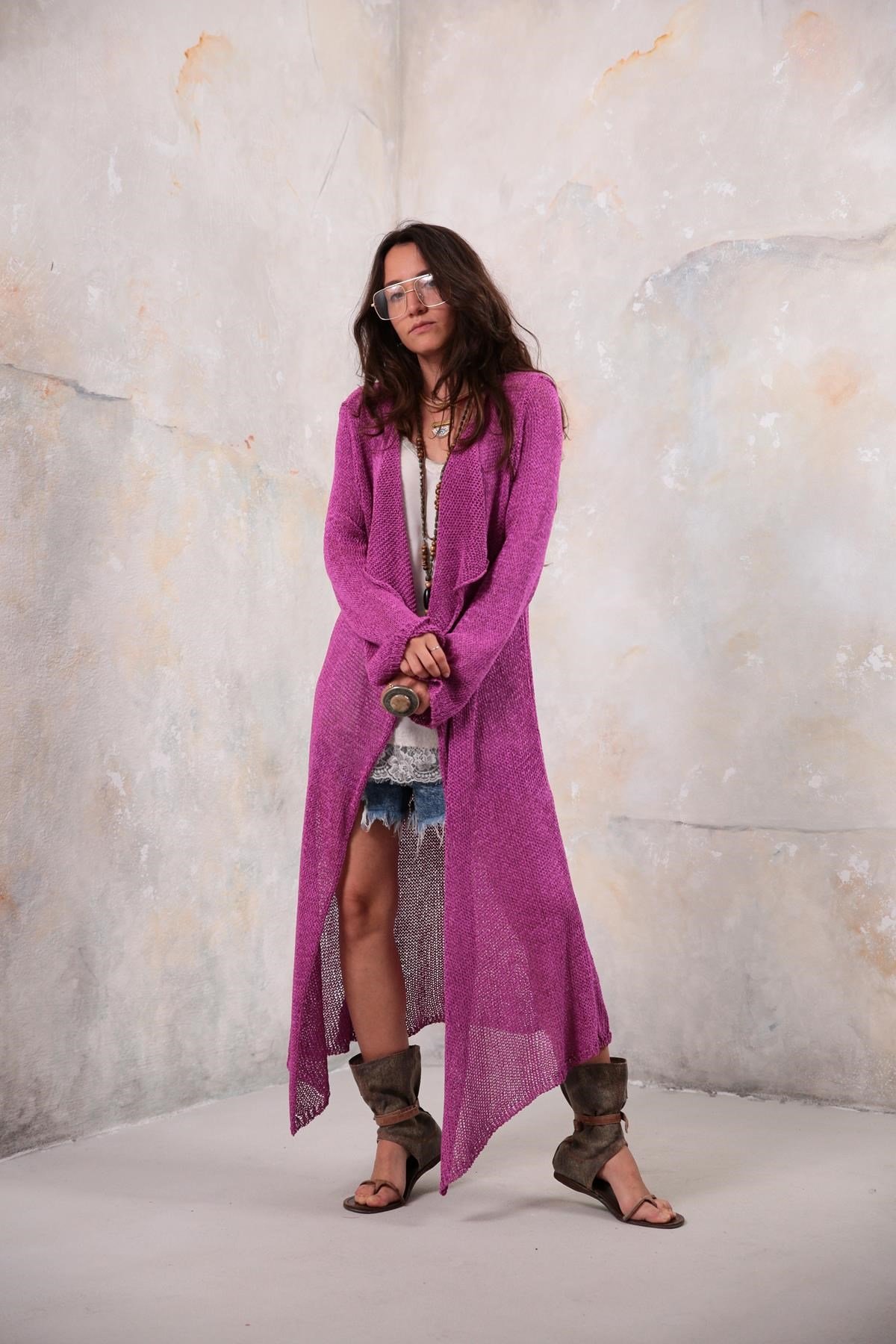 Fuşya Yakalı Uzun Merserize Hırka - Şaman Butik Fuşya Yakalı Uzun Merserize Hırka 