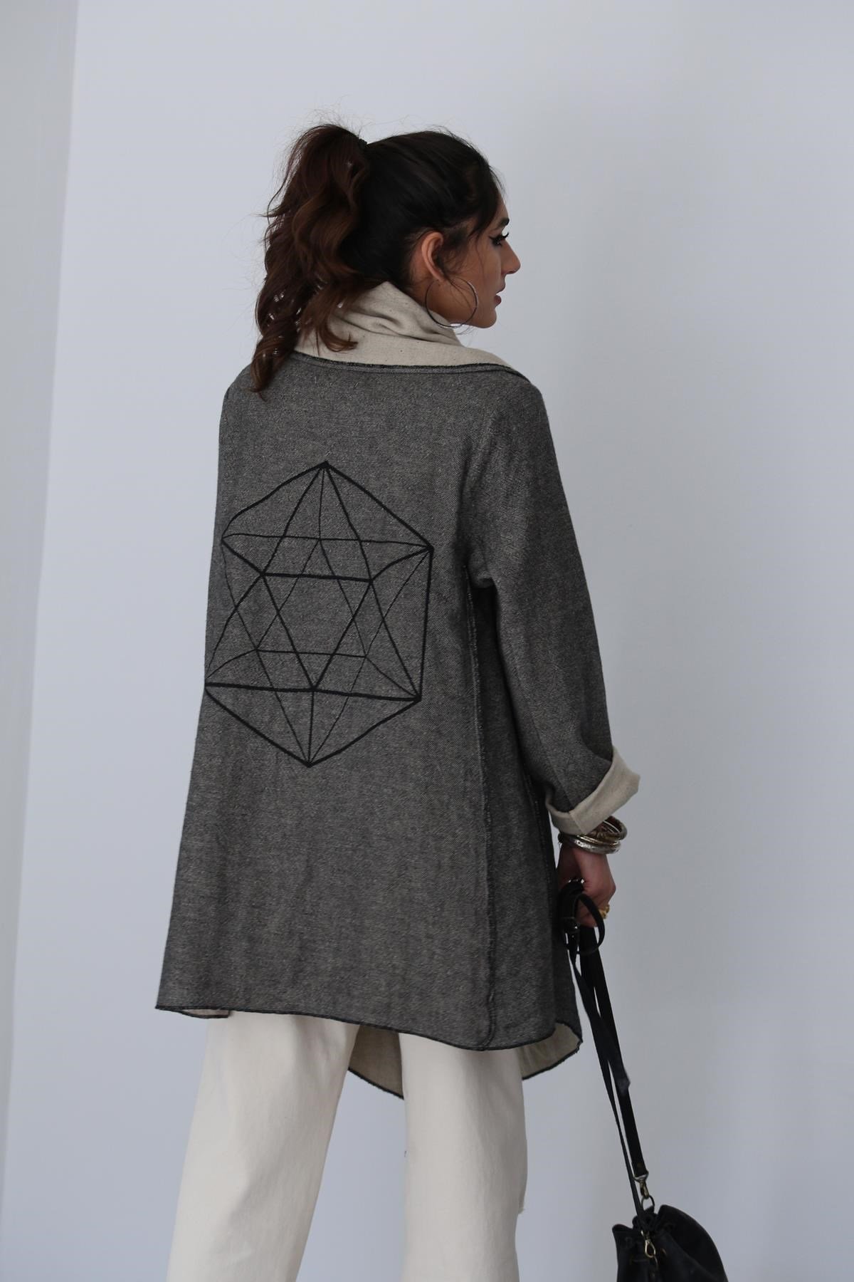  Gri Icosahedron Desenli Tek Düğmeli Ceket
