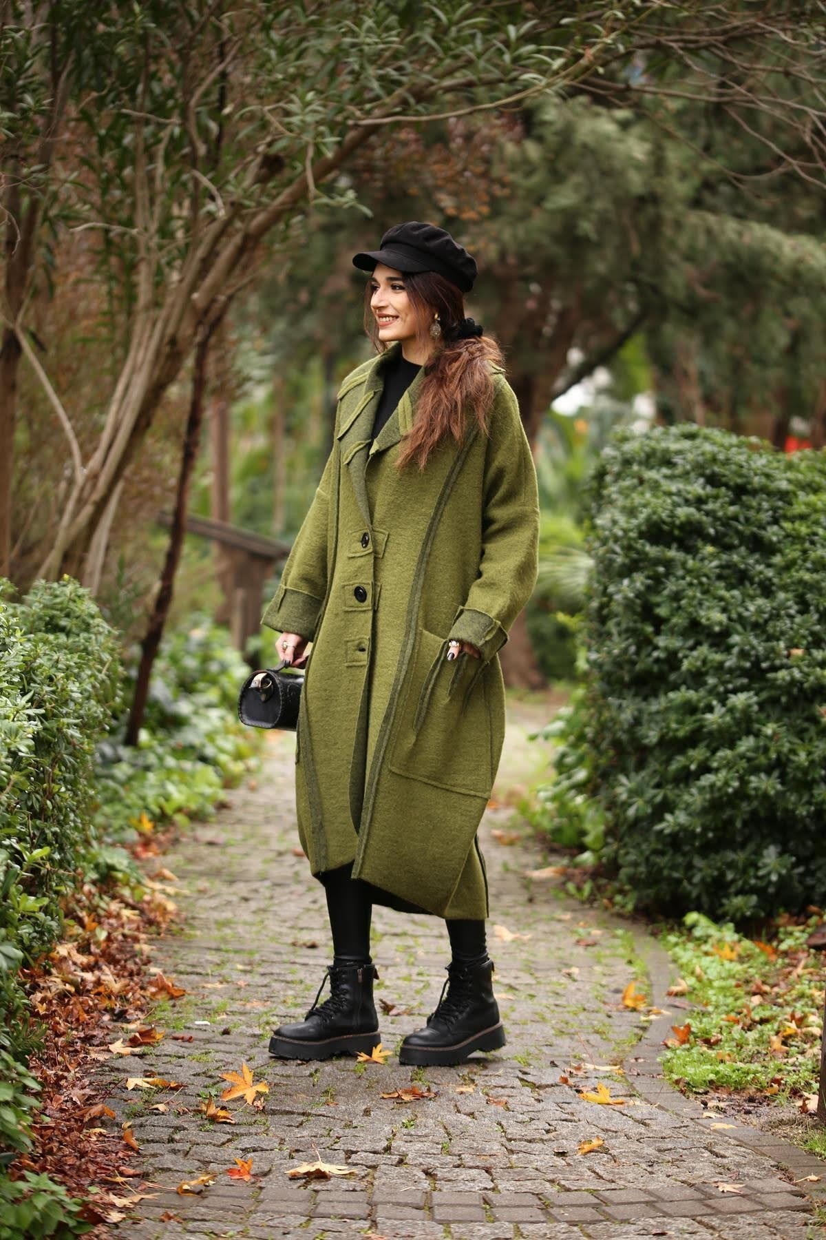 Green Shawl Collar Big Pocket Three Button Felt Topcoat - Saman Butik | Shop Online Green Shawl Collar Big Pocket Three Button Felt Topcoat