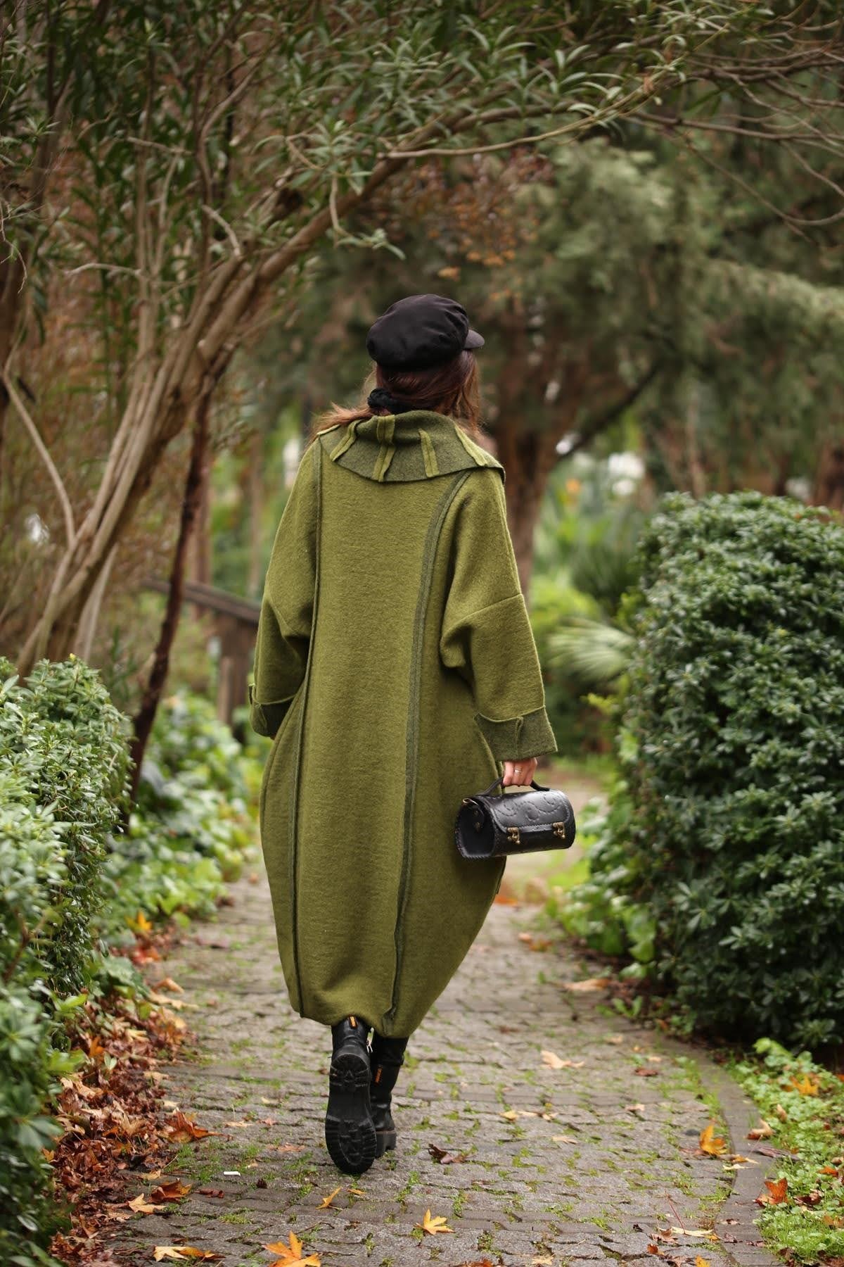 Green Shawl Collar Big Pocket Three Button Felt Topcoat - Saman Butik | Shop Online Green Shawl Collar Big Pocket Three Button Felt Topcoat