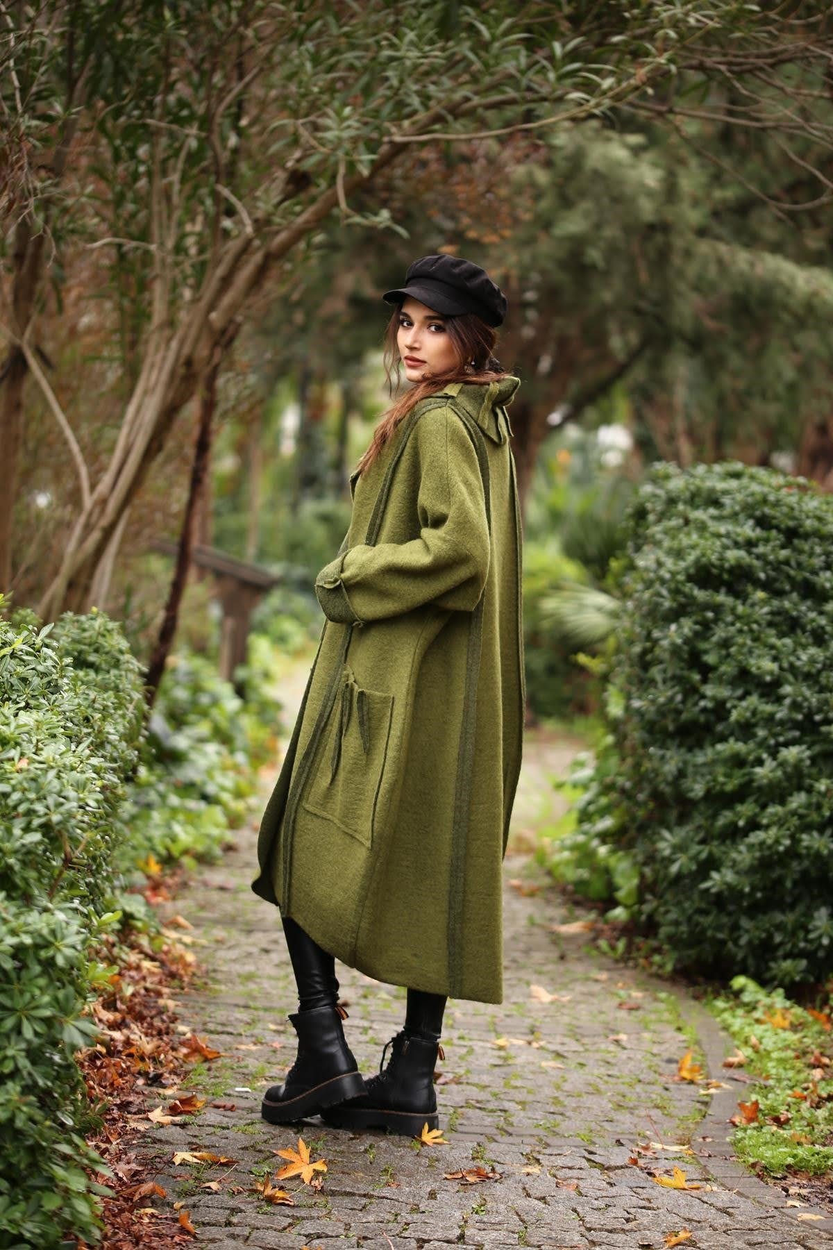 Green Shawl Collar Big Pocket Three Button Felt Topcoat - Saman Butik | Shop Online Green Shawl Collar Big Pocket Three Button Felt Topcoat