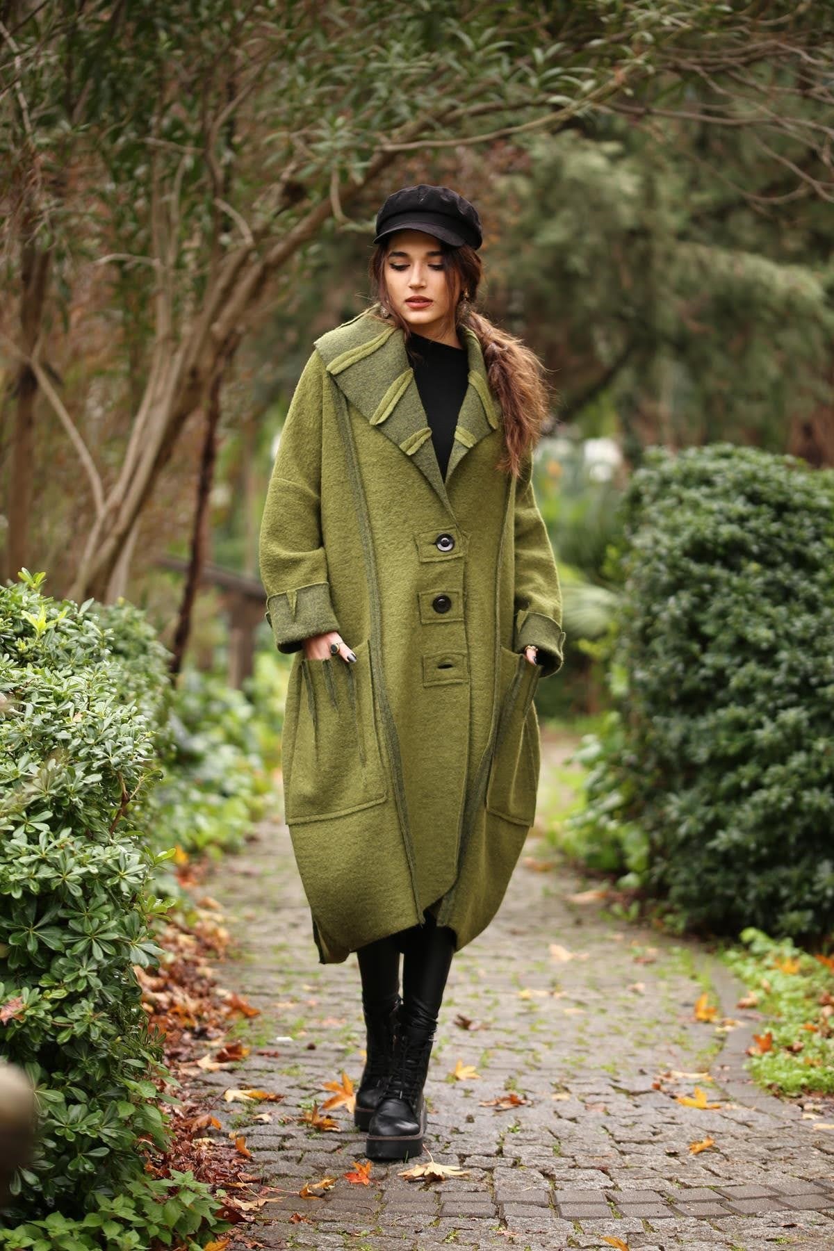 Green Shawl Collar Big Pocket Three Button Felt Topcoat - Saman Butik | Shop Online Green Shawl Collar Big Pocket Three Button Felt Topcoat