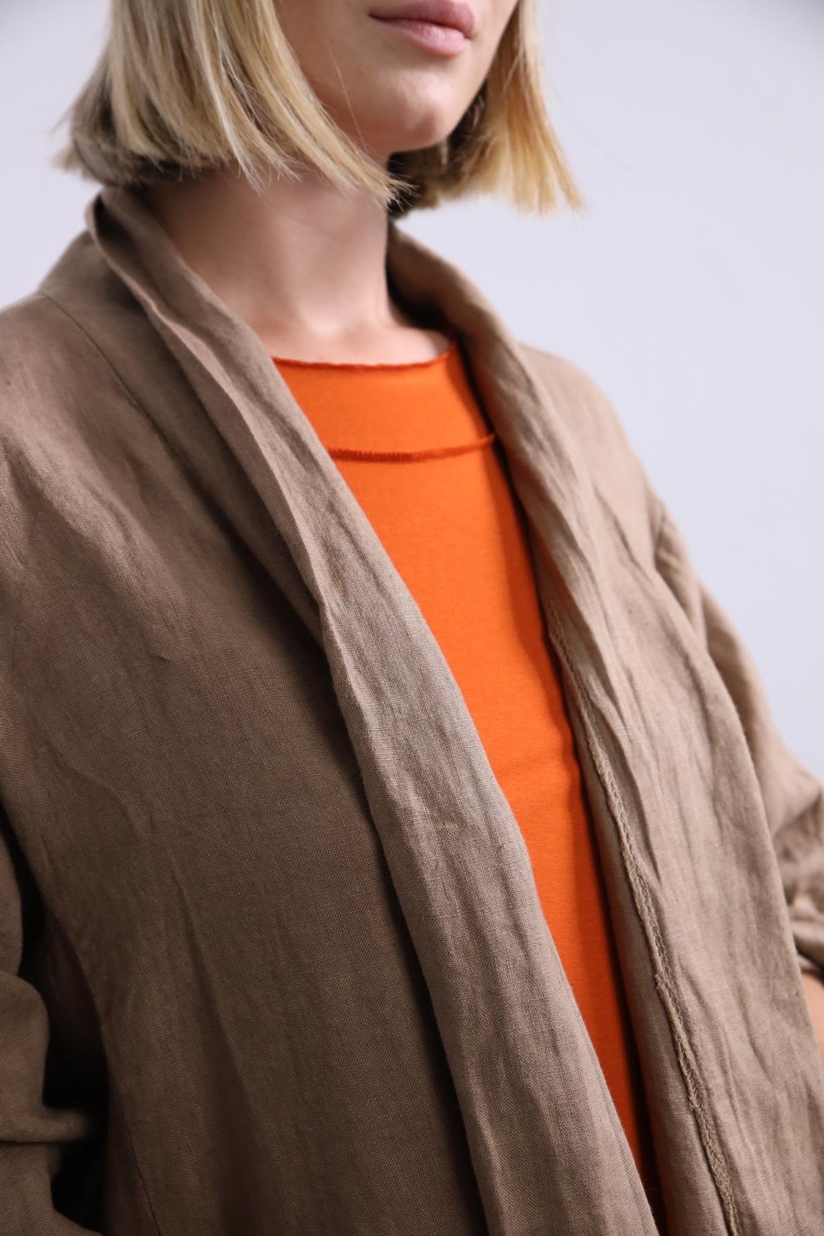  Camel Rengi Cepli Arkası Dikiş Detaylı Keten Kaftan