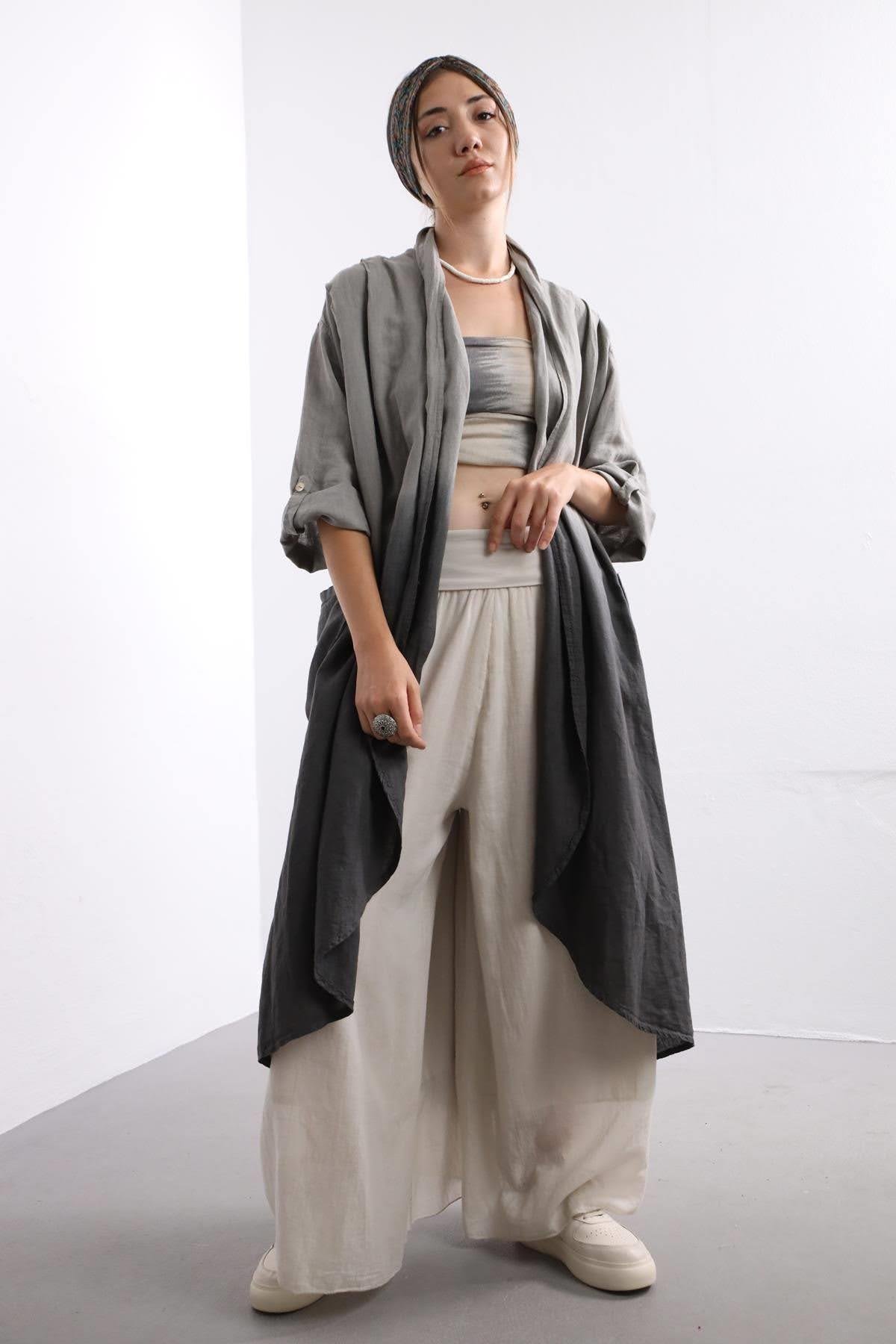  Gri Renk Geçişli Keten Kaftan