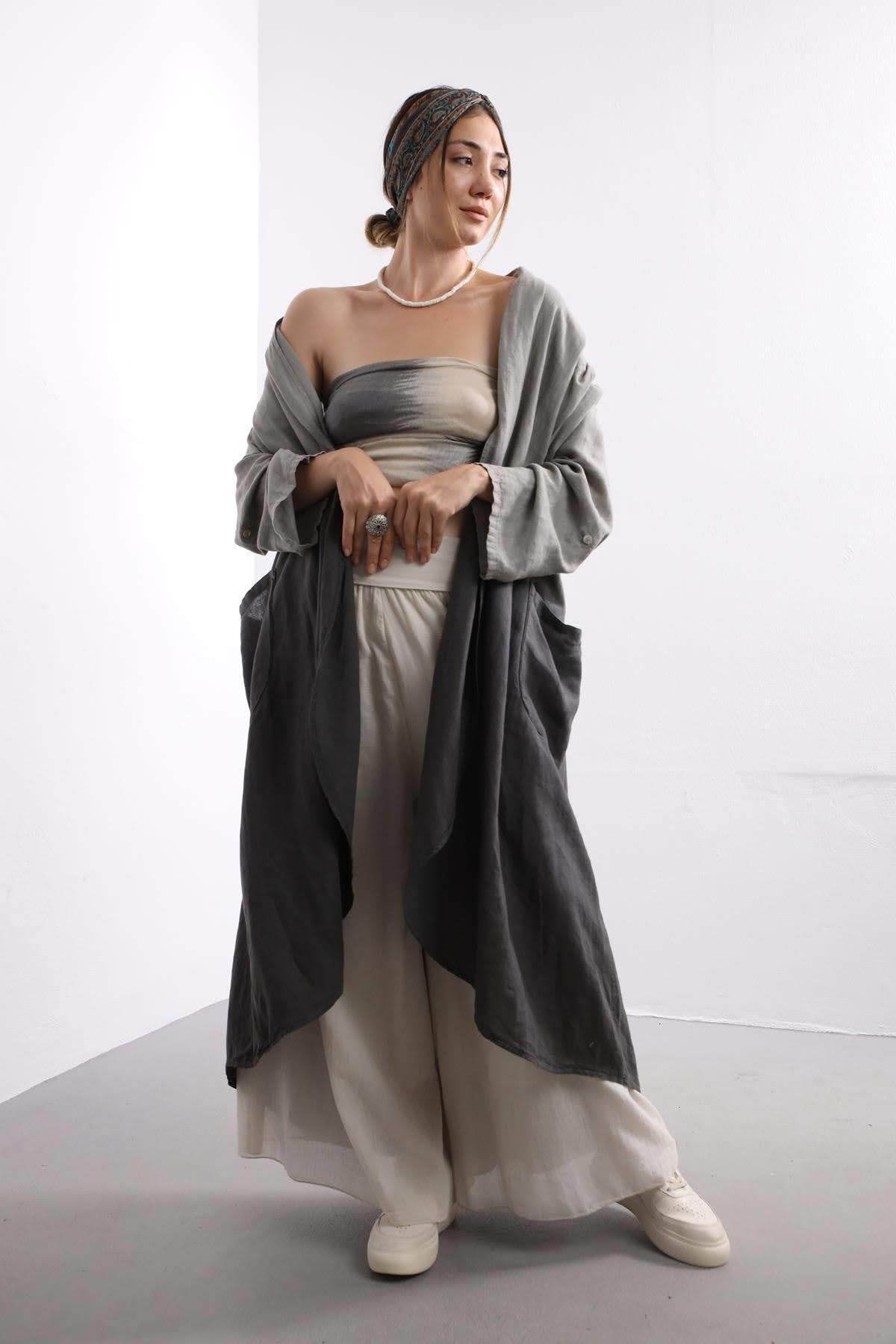  Gri Renk Geçişli Keten Kaftan