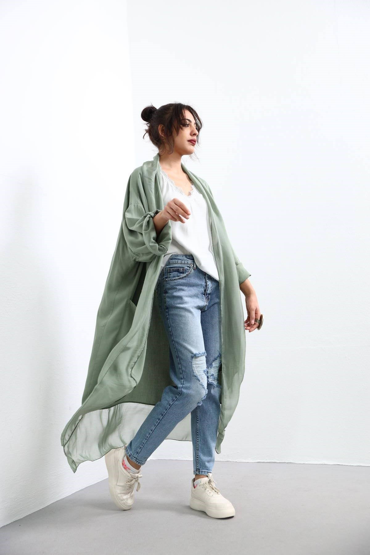 Khaki Silk Detailed Caftan with Pocket - Saman Butik | Shop Online Khaki Silk Detailed Caftan with Pocket