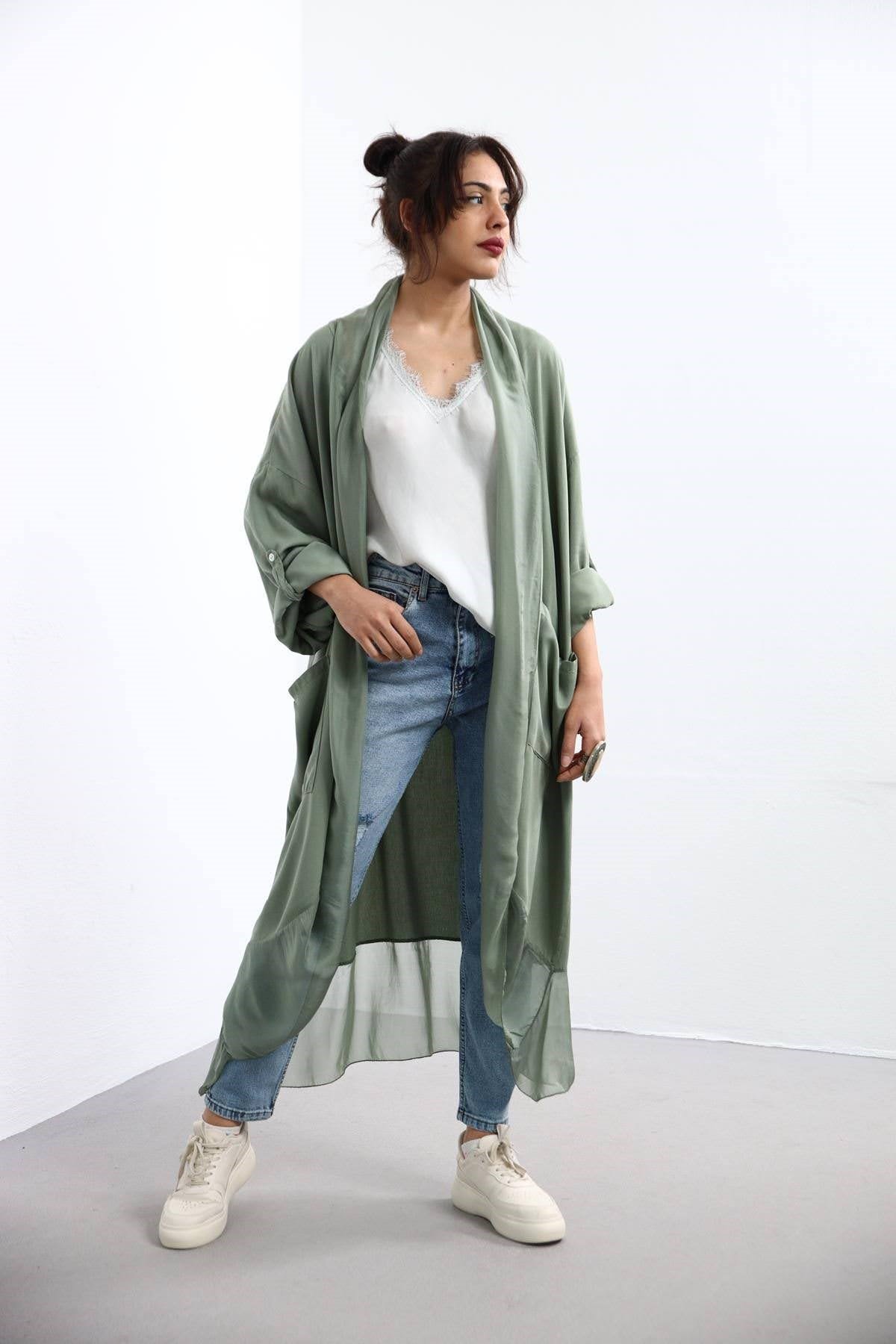 Khaki Silk Detailed Caftan with Pocket - Saman Butik | Shop Online Khaki Silk Detailed Caftan with Pocket