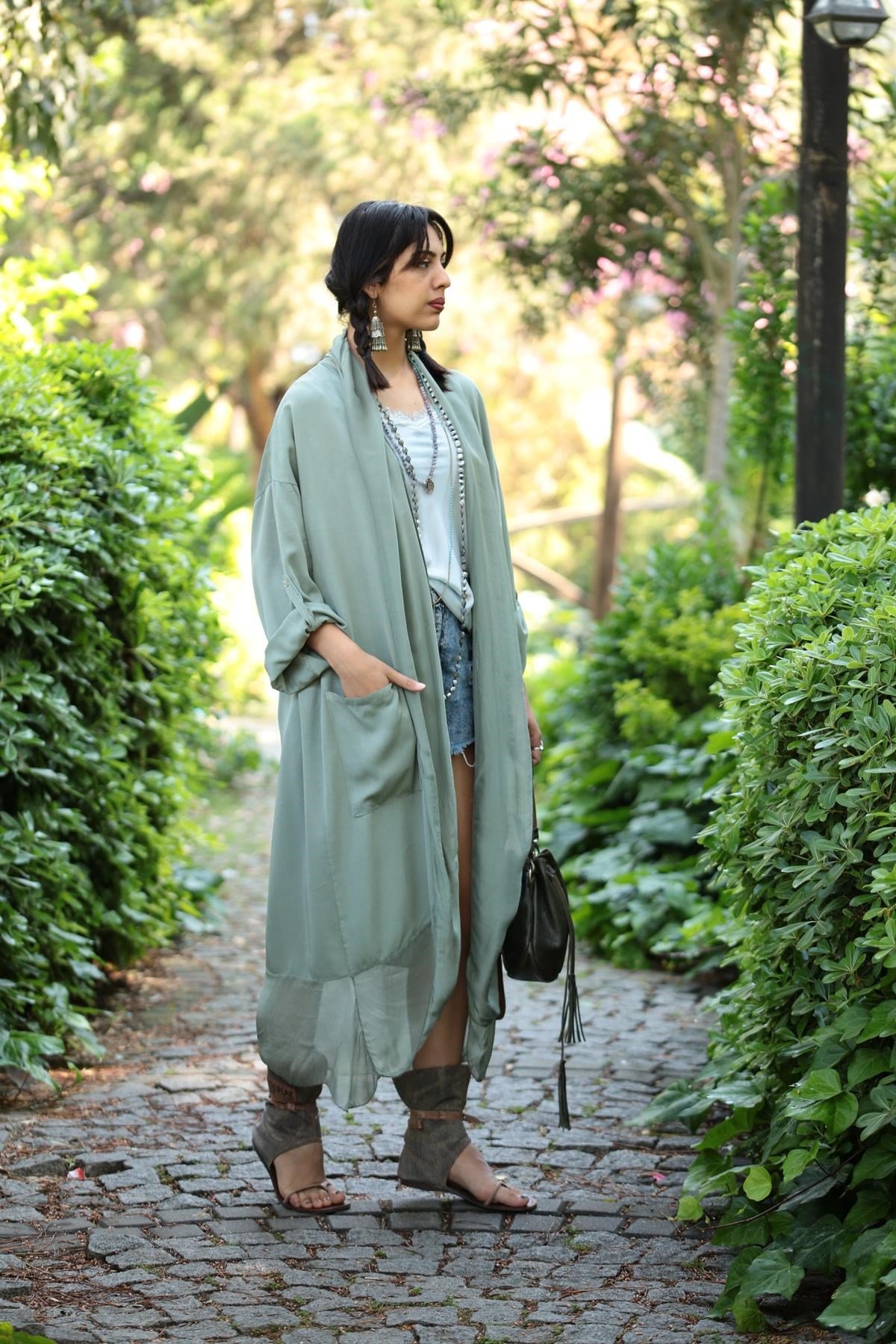  Haki Cepli İpek Detaylı Kaftan