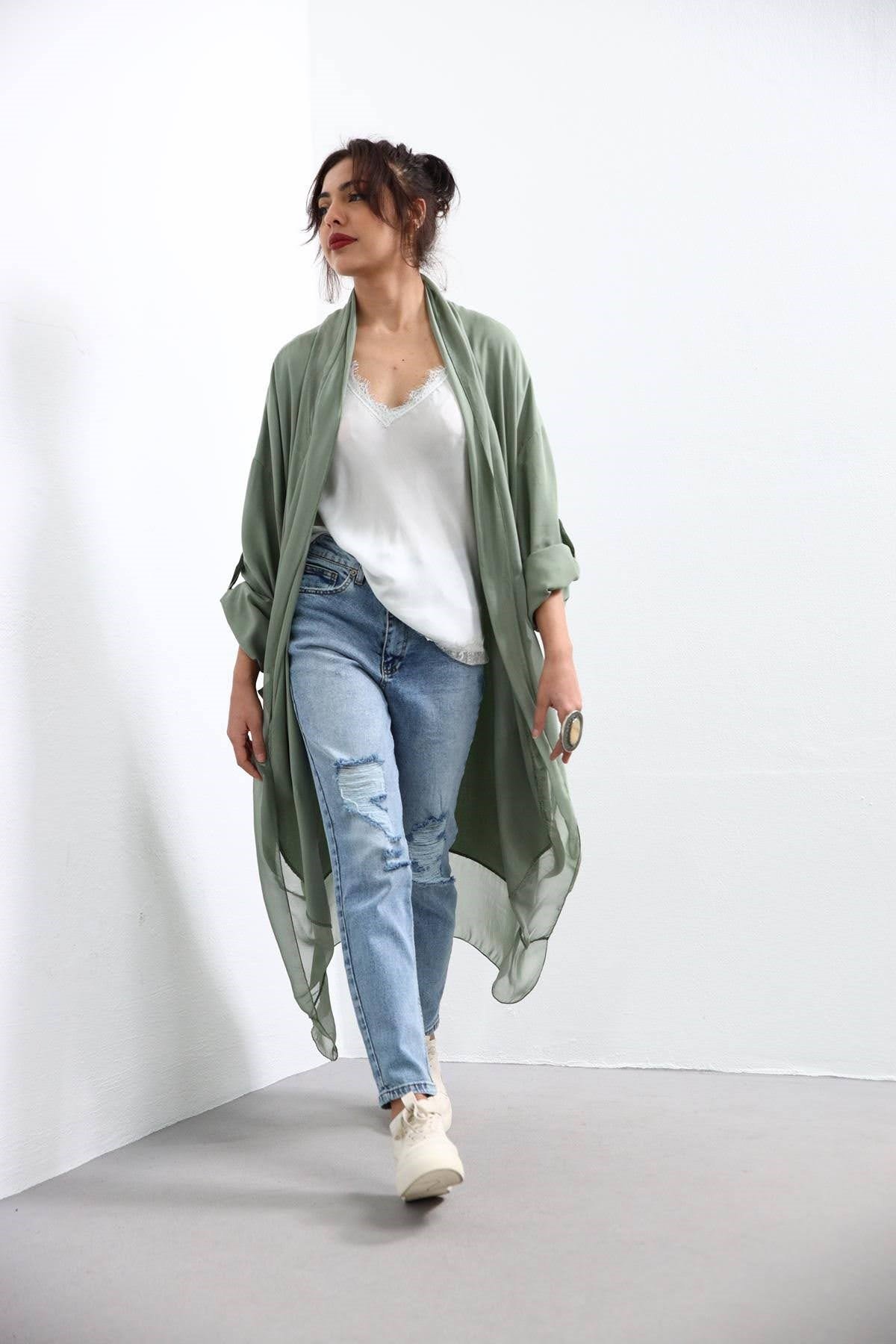 Khaki Silk Detailed Caftan with Pocket - Saman Butik | Shop Online Khaki Silk Detailed Caftan with Pocket