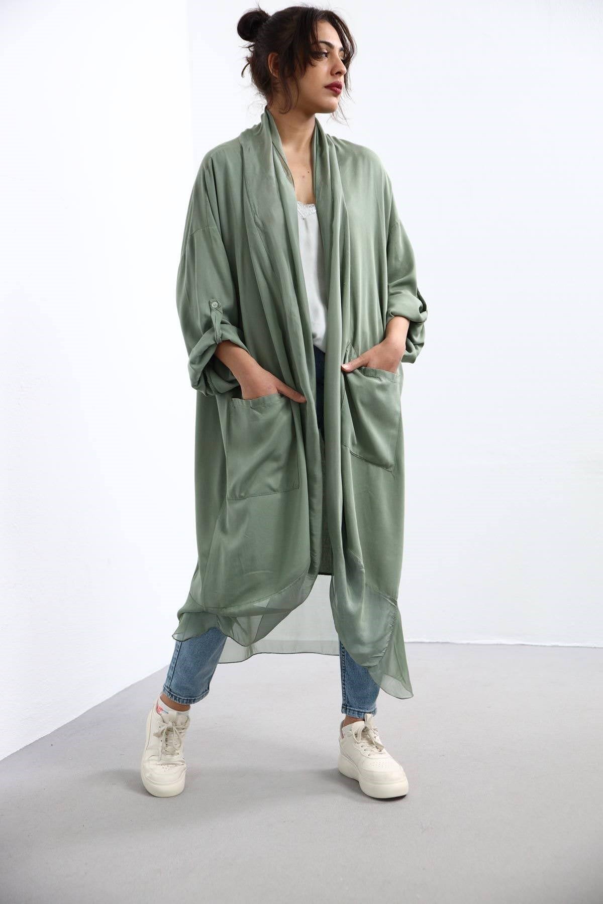 Khaki Silk Detailed Caftan with Pocket - Saman Butik | Shop Online Khaki Silk Detailed Caftan with Pocket
