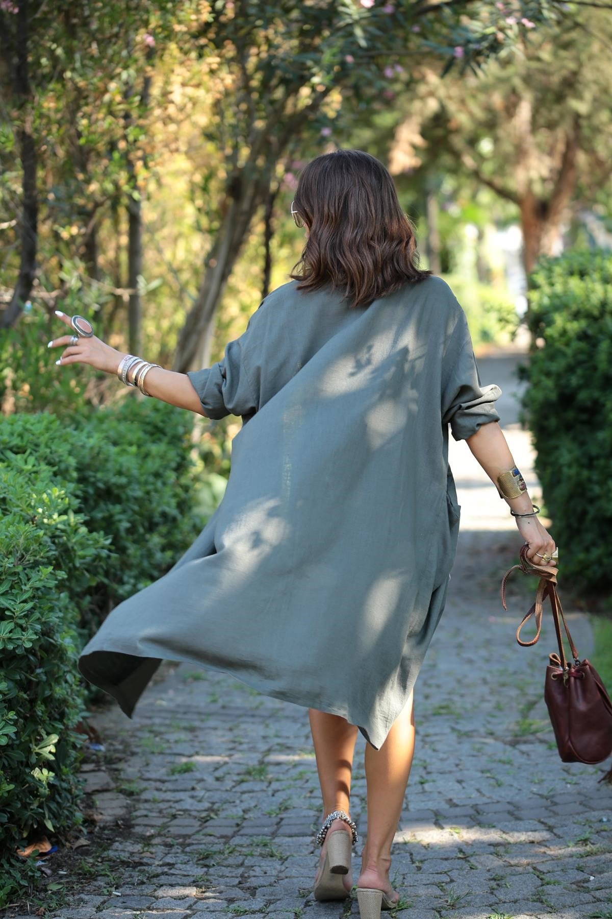 Haki Kemer Detaylı Kaftan - Şaman Butik Haki Kemer Detaylı Kaftan