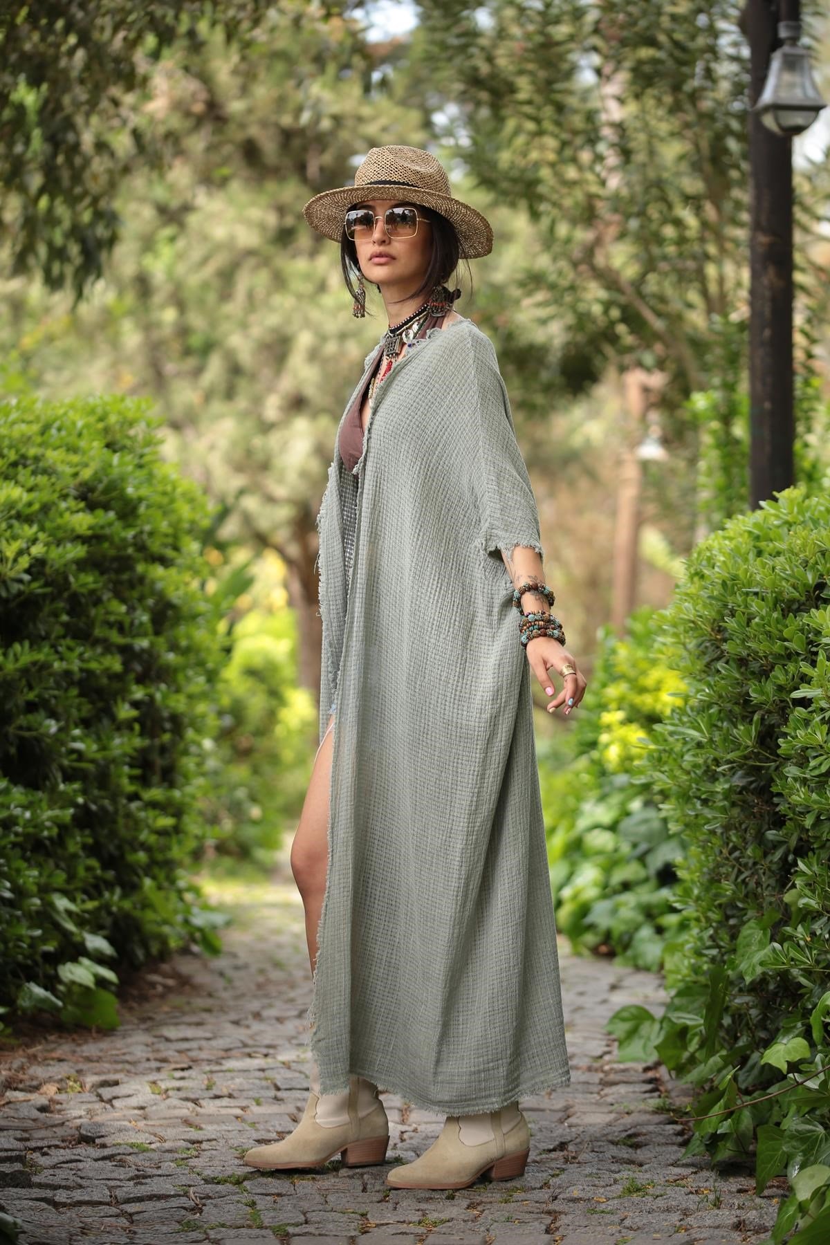 Haki Pamuk İplik Salaş Kaftan - Şaman Butik Haki Pamuk İplik Salaş Kaftan