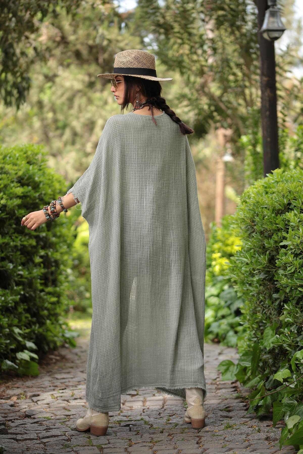 Haki Pamuk İplik Salaş Kaftan - Şaman Butik Haki Pamuk İplik Salaş Kaftan