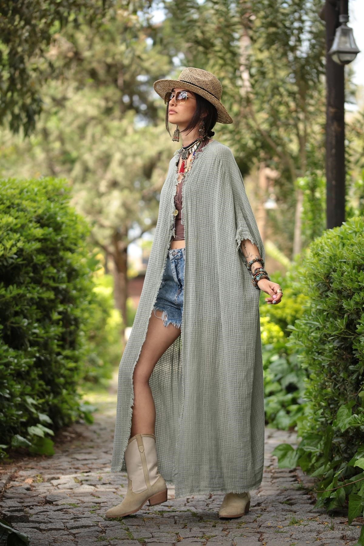 Haki Pamuk İplik Salaş Kaftan - Şaman Butik Haki Pamuk İplik Salaş Kaftan
