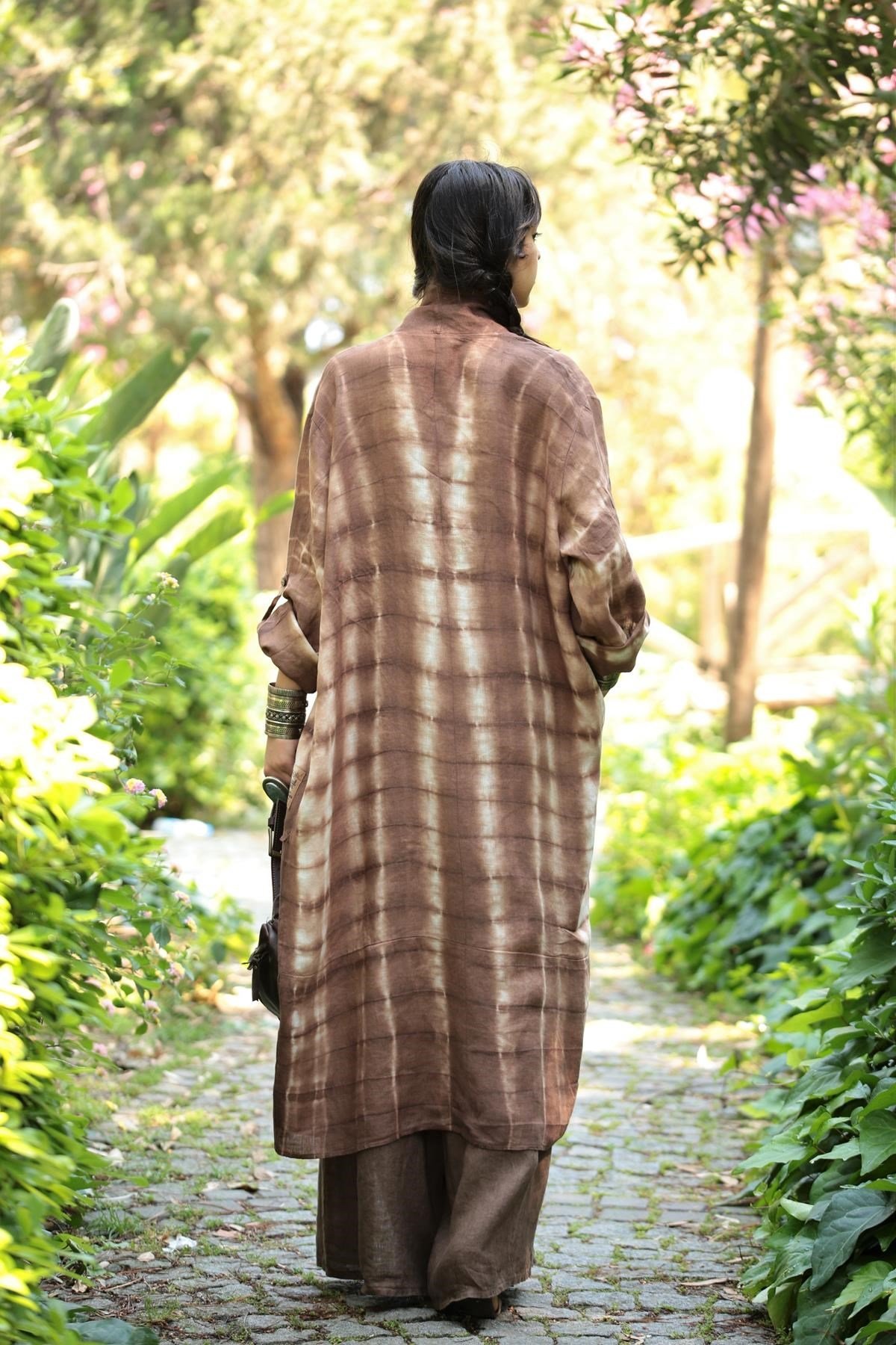  Kahverengi Batikli Keten Kaftan