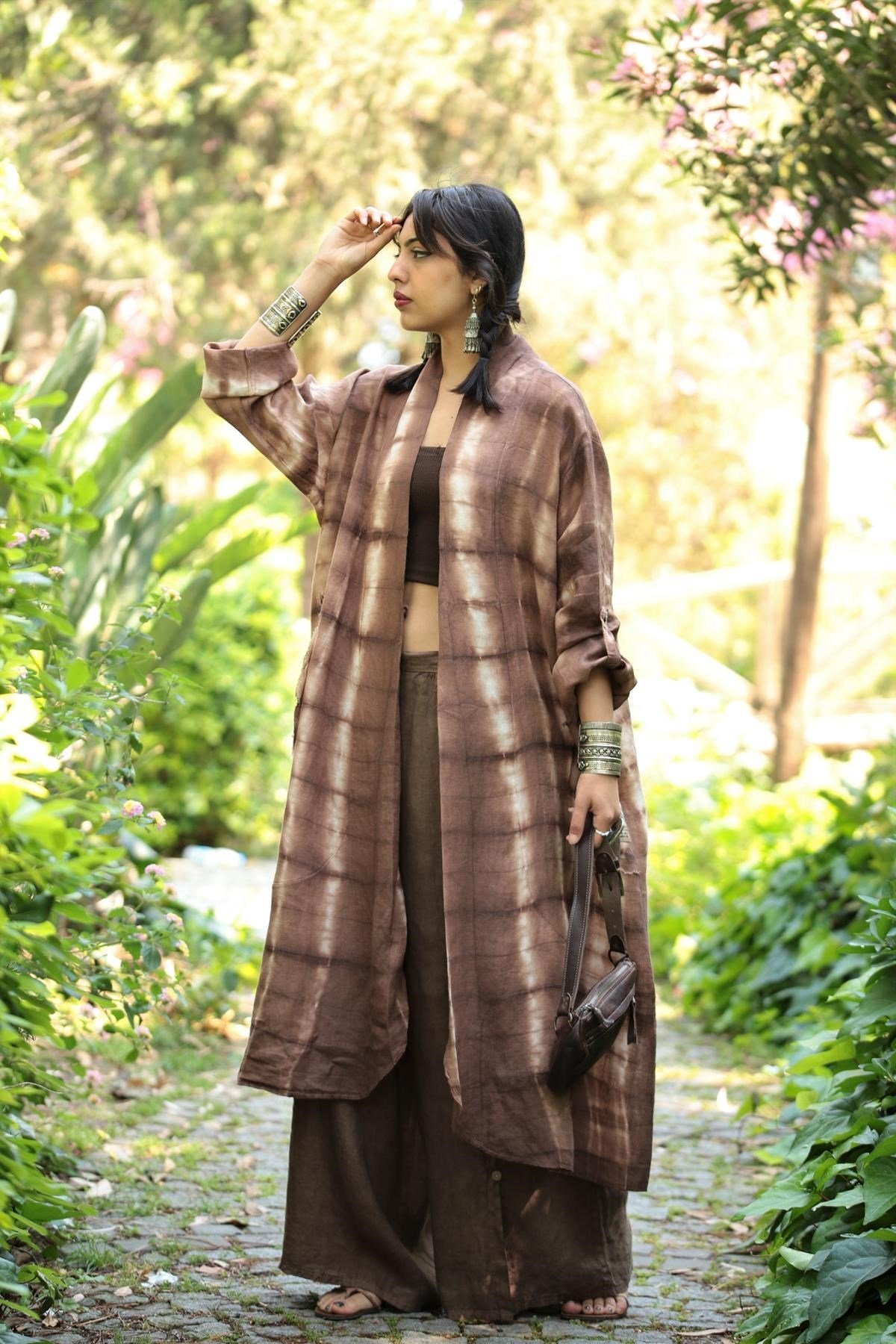  Kahverengi Batikli Keten Kaftan