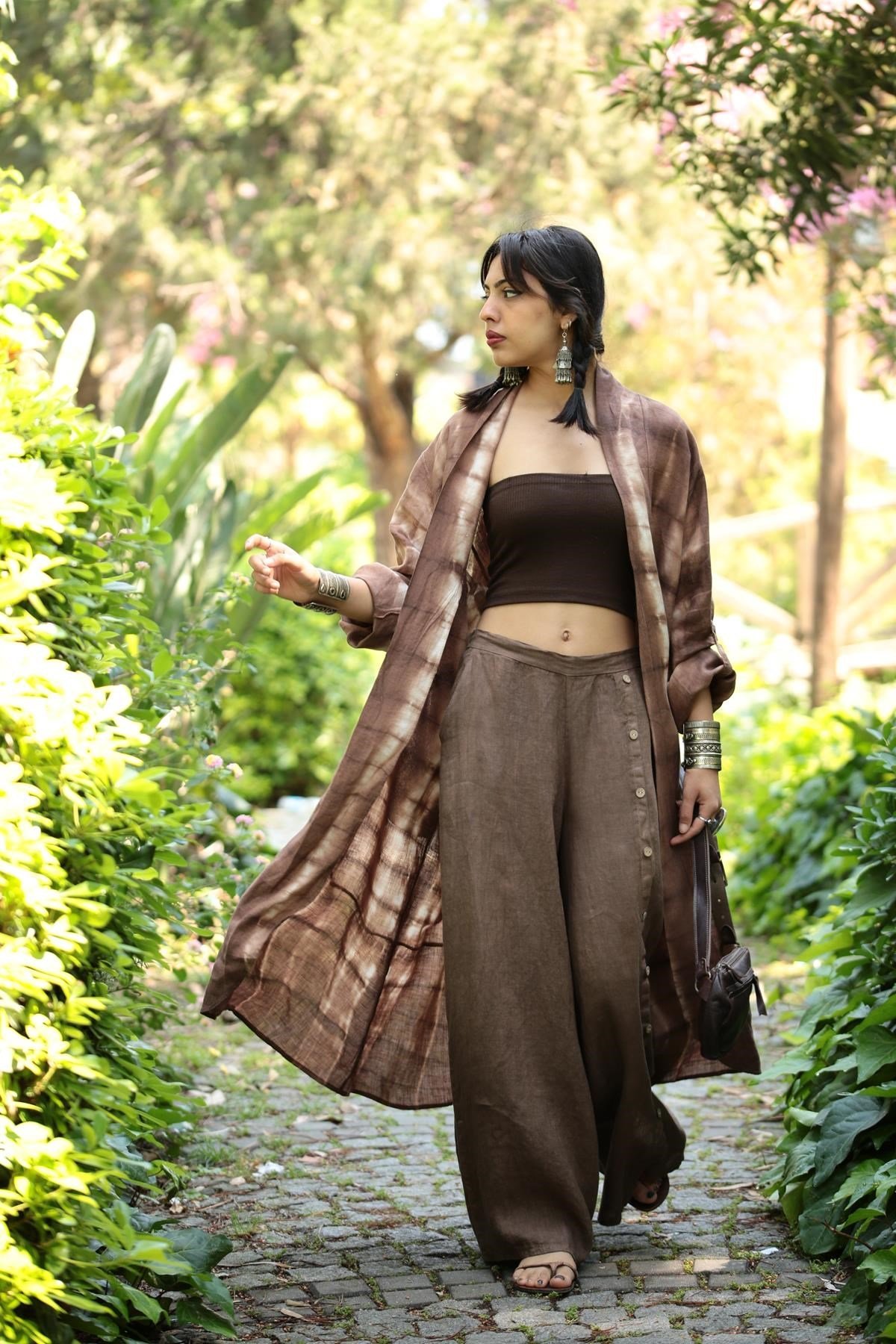  Kahverengi Batikli Keten Kaftan