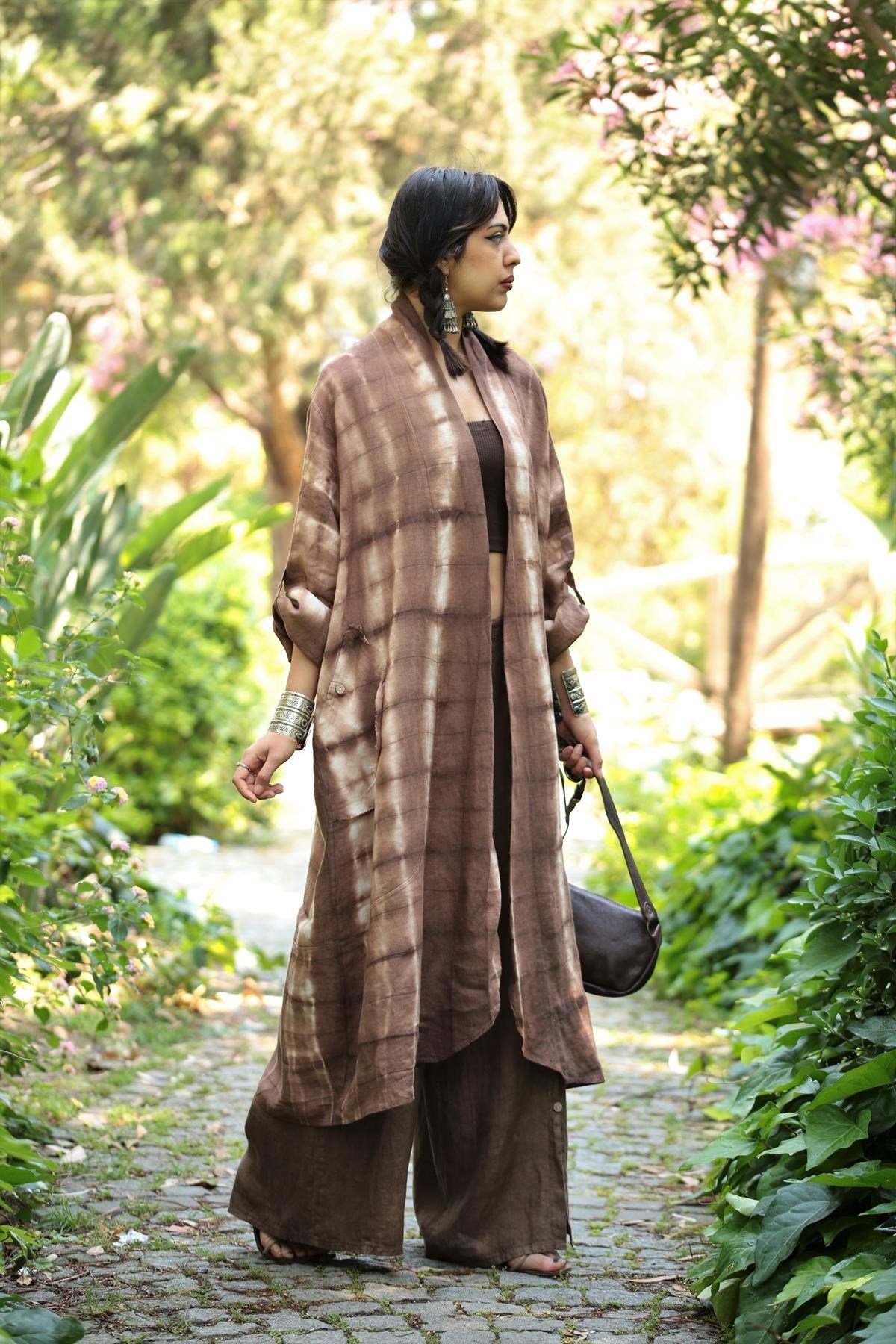  Kahverengi Batikli Keten Kaftan