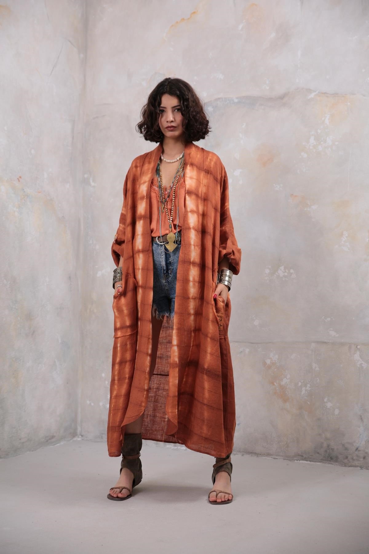  Kiremit Rengi Batikli Keten Kaftan