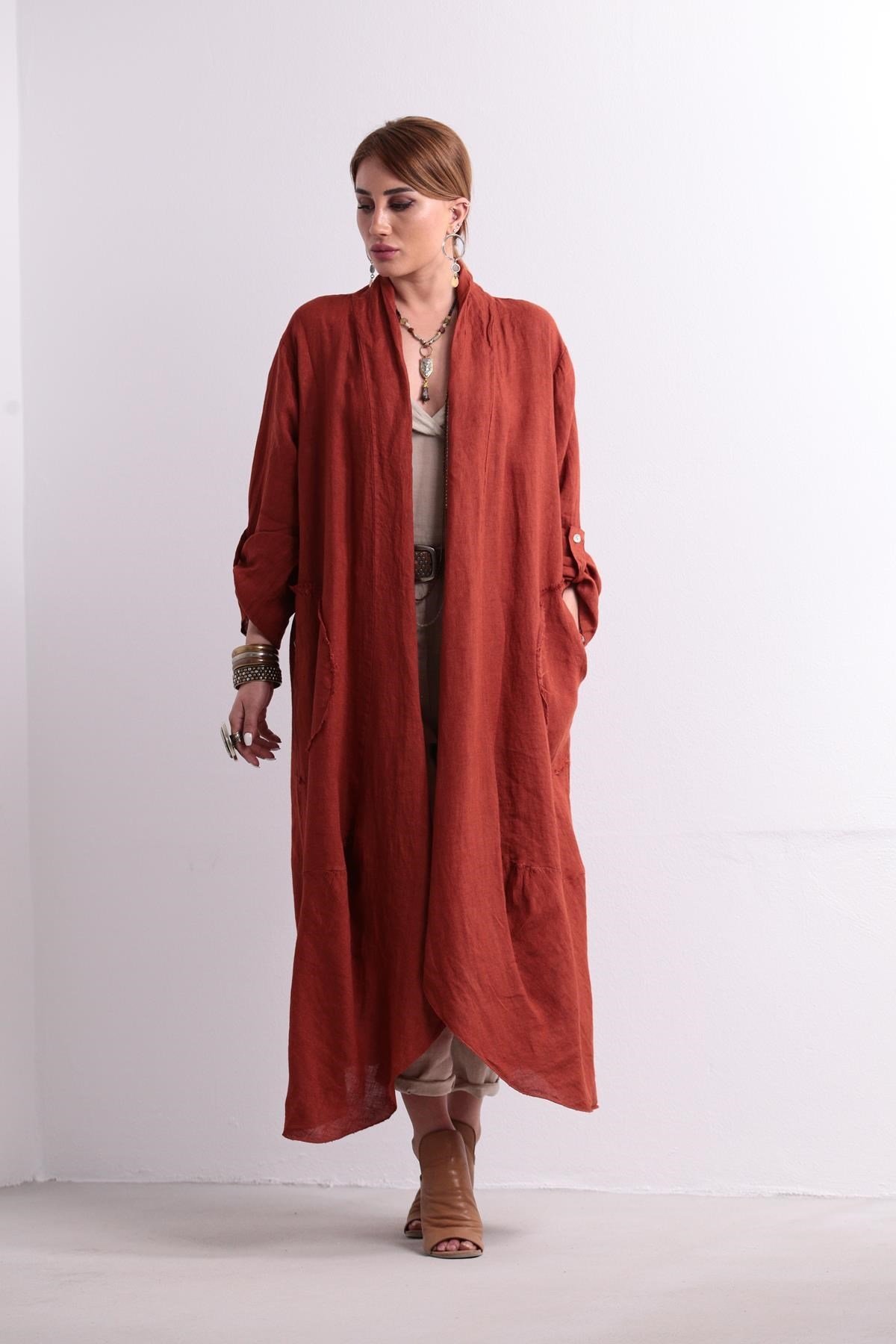 Kiremit Rengi Cebi Düğmeli Keten Kaftan - Şaman Butik Kiremit Rengi Cebi Düğmeli Keten Kaftan