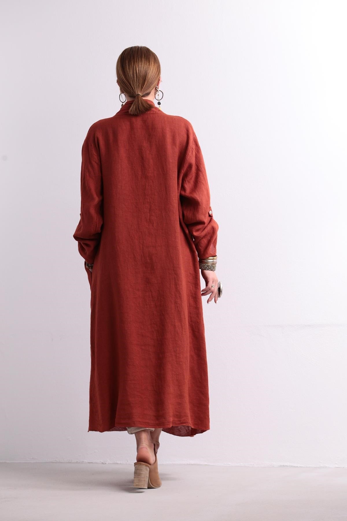 Kiremit Rengi Cebi Düğmeli Keten Kaftan - Şaman Butik Kiremit Rengi Cebi Düğmeli Keten Kaftan