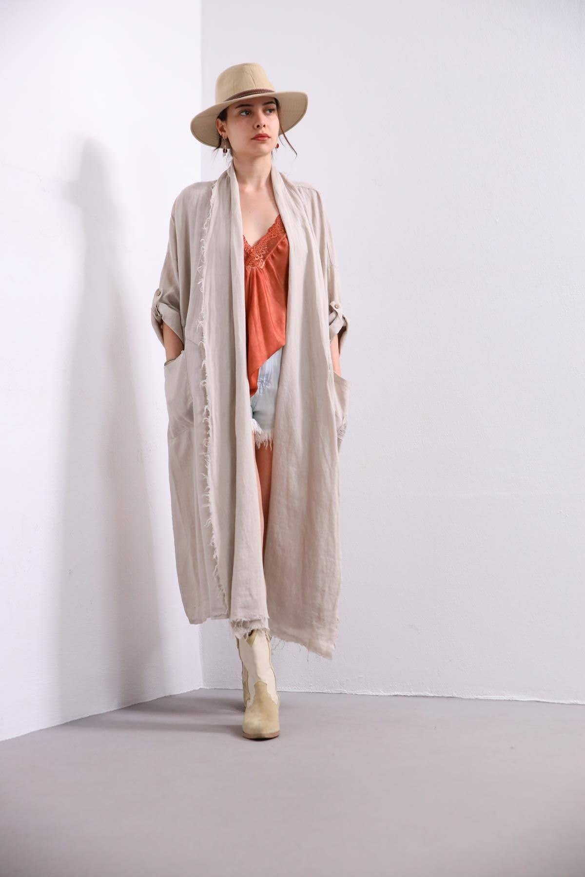  Krem Rengi Beli İpli Saçaklı Cepli Kaftan