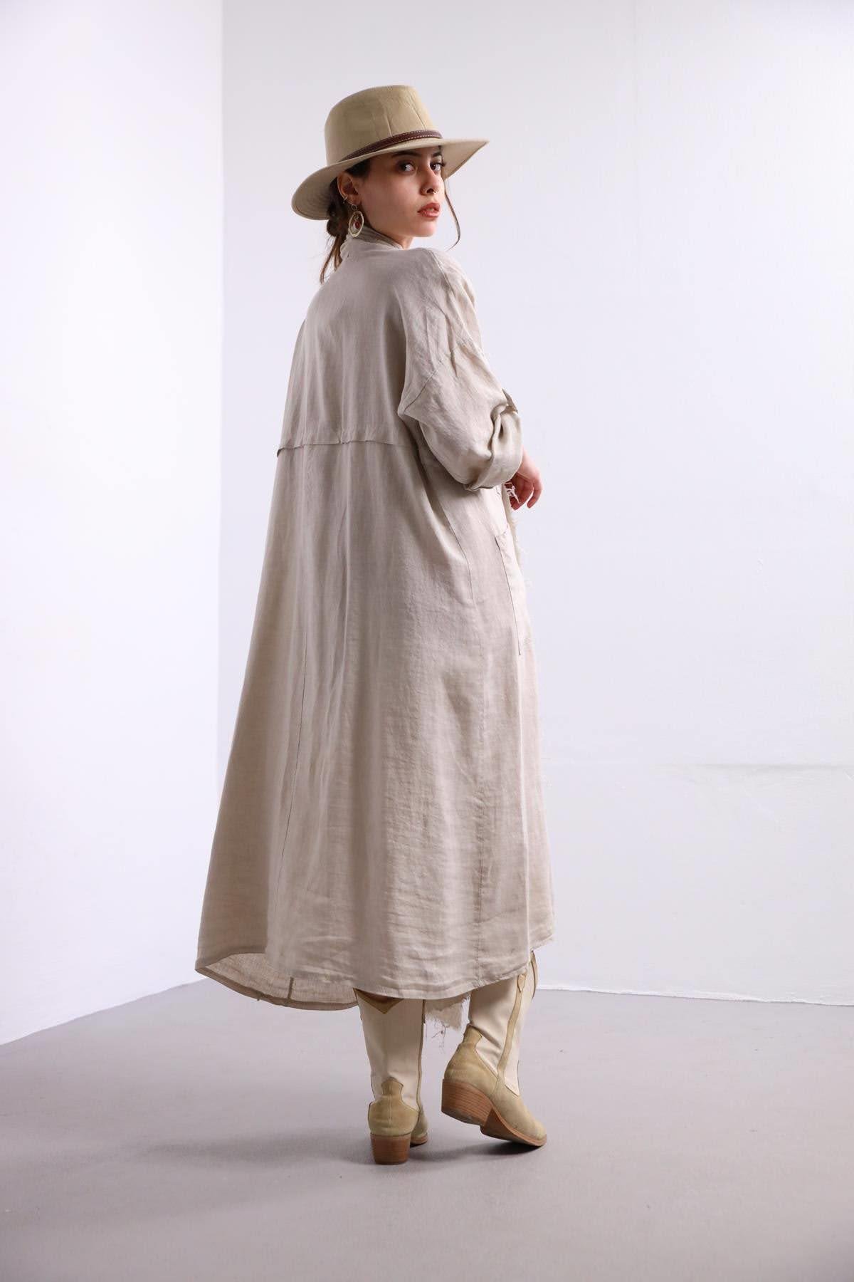  Krem Rengi Beli İpli Saçaklı Cepli Kaftan